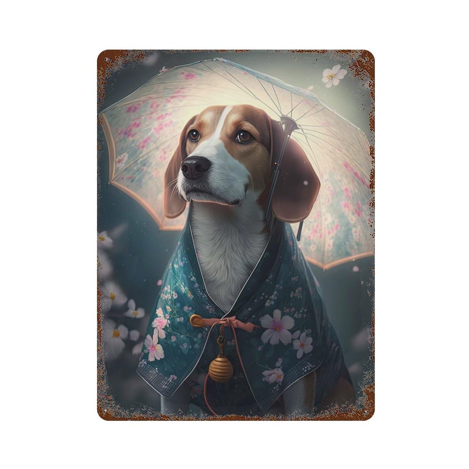 Beagle Japanese Kimono Rust Effect Tin Sign 15.7"x11.8", Farmhouse Wall Decor for Farmhouse, Kitchen And Entryway Decor