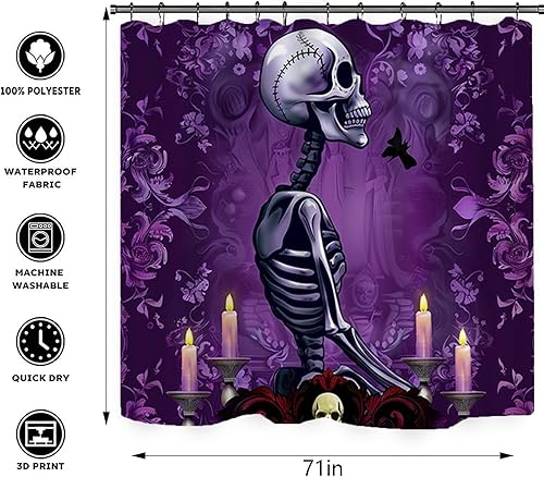 Miniatura 3 de Juego de cortina de ducha y alfombras de Halloween, 4 piezas de calavera de rosa roja con flores de beso de azúcar, decoración de baño de flores