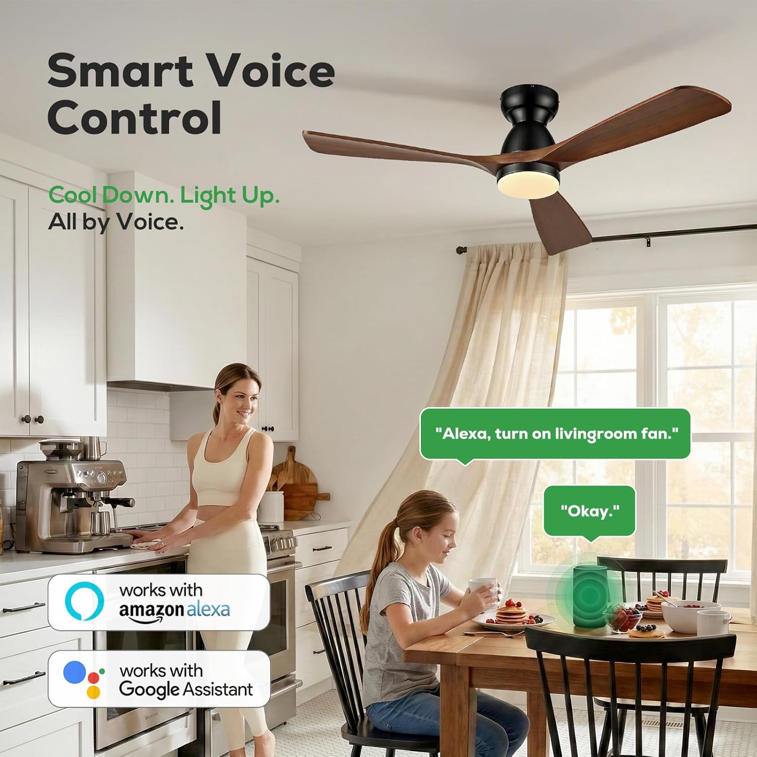 48in Smart Flush Mount Ceiling Fans with Lights Remote,3 Wood Ceiling Fan, Quiet DC Motor, Low Profile Ceiling Fan,Work with Alexa/Gg/App/Remote,Dimmable,6-Speed Fan for Patio Bedroom