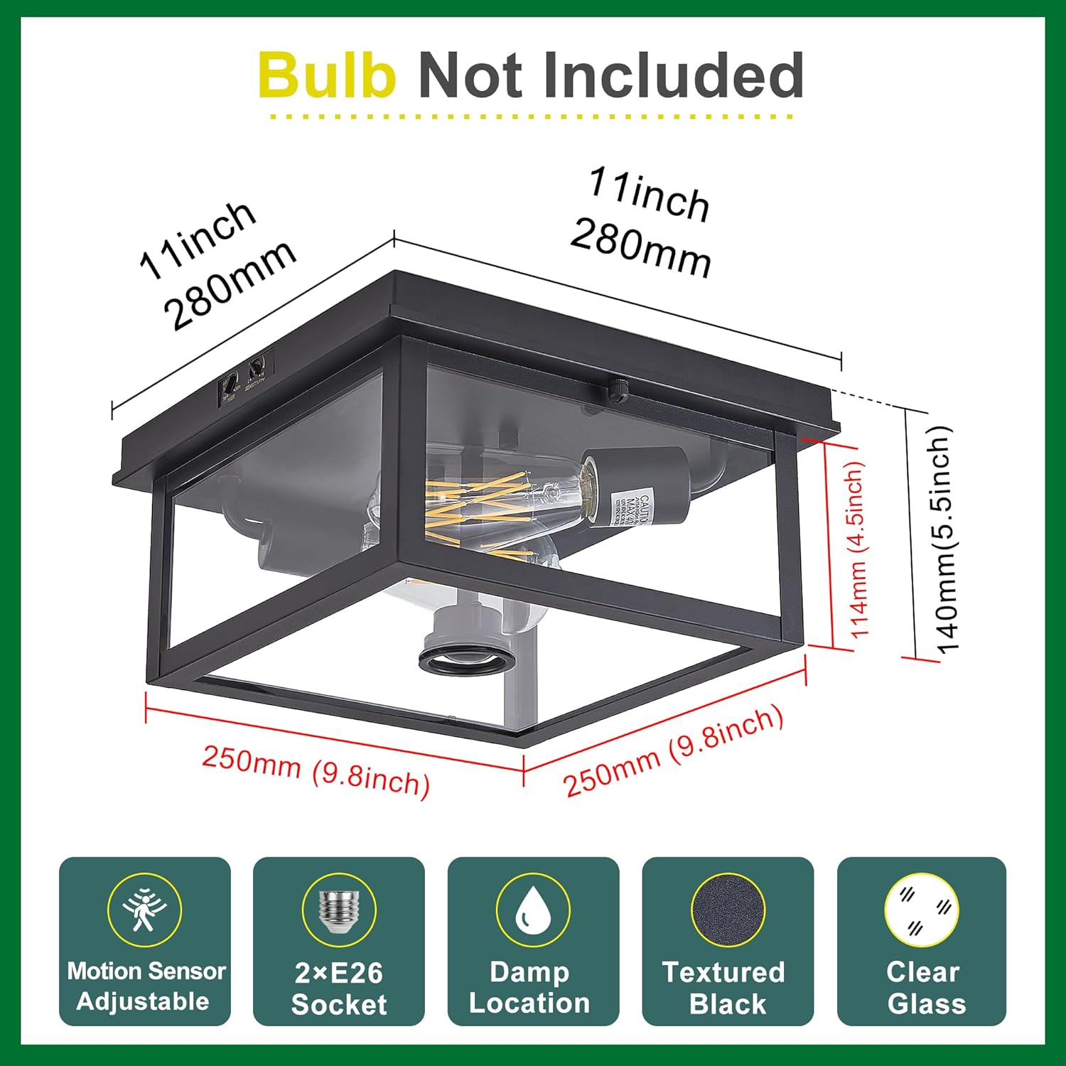 Adjustable Motion Sensor Ceiling Light Fixture Outdoor Modern Design of Squares Flush Mount 2-Light Textured Black with Clear Glass for Your Porch,Garage,Patio,Hallway,Front and Back Yards