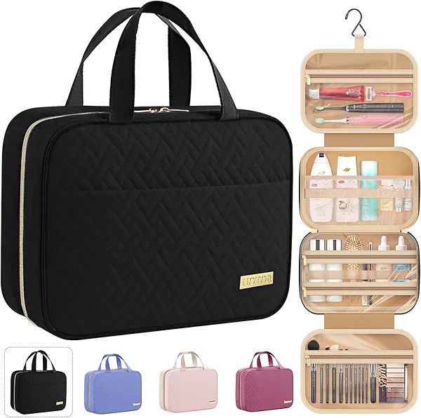HOTOR Travel Toiletry Bag w/Hanging Hook - Spacious Toiletry Bag Essentials for Women & Men, Makeup Bag/Big Comparment, Waterproof for Travel Accessories, Medium, Black
