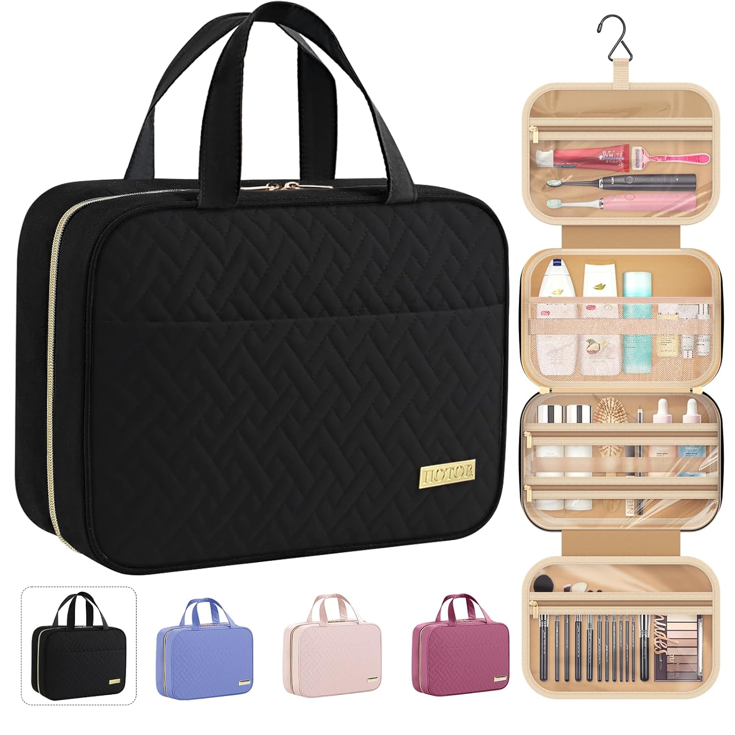 HOTOR Travel Toiletry Bag w/Hanging Hook – Spacious Toiletry Bag Essentials for Women & Men, Makeup Bag/Big Comparment, Waterproof for Travel Accessories, Medium, Black