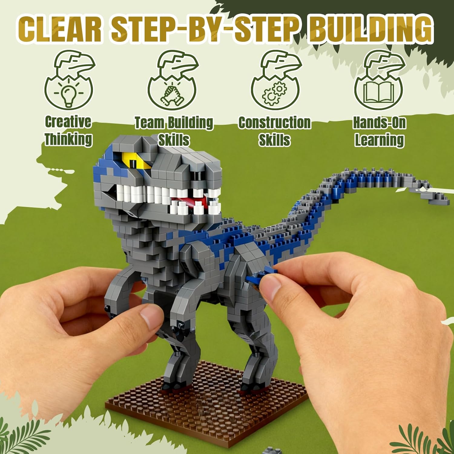 Raptor Dinosaur Building Sets Easter 870 PCS Micro Bricks Dino Model with Display Base Creative Dinosaur Build Display Christmas Birthday Ages 14+