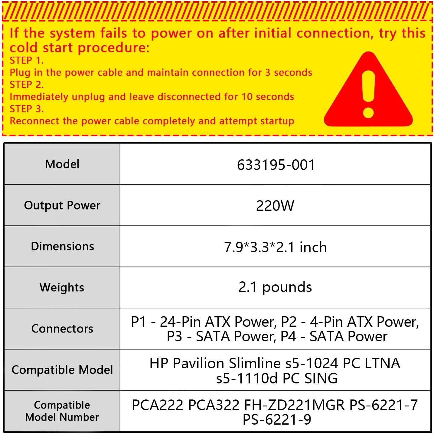 220W Power Supply Unit for HP Pavilion Slimline S5 Series, S5-1xxx TouchSmart 310-1205la Desktop PC, PCA222 PCA322 FH-ZD221MGR, 633193-001 633195-001 633196-001