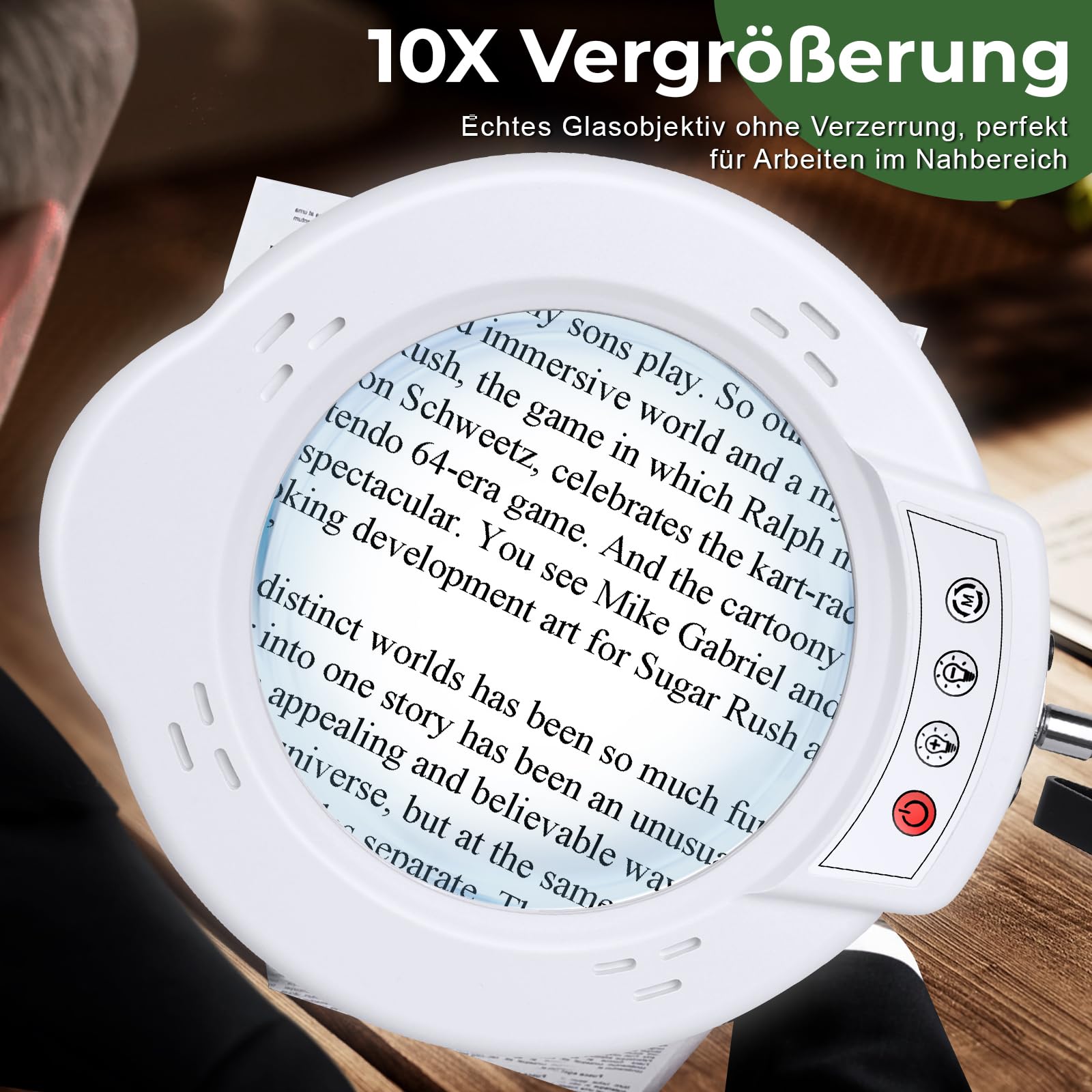 10X Lupe mit Licht und Ständer LED Lupenleuchte, Stufenlos Dimmbar, Weiß