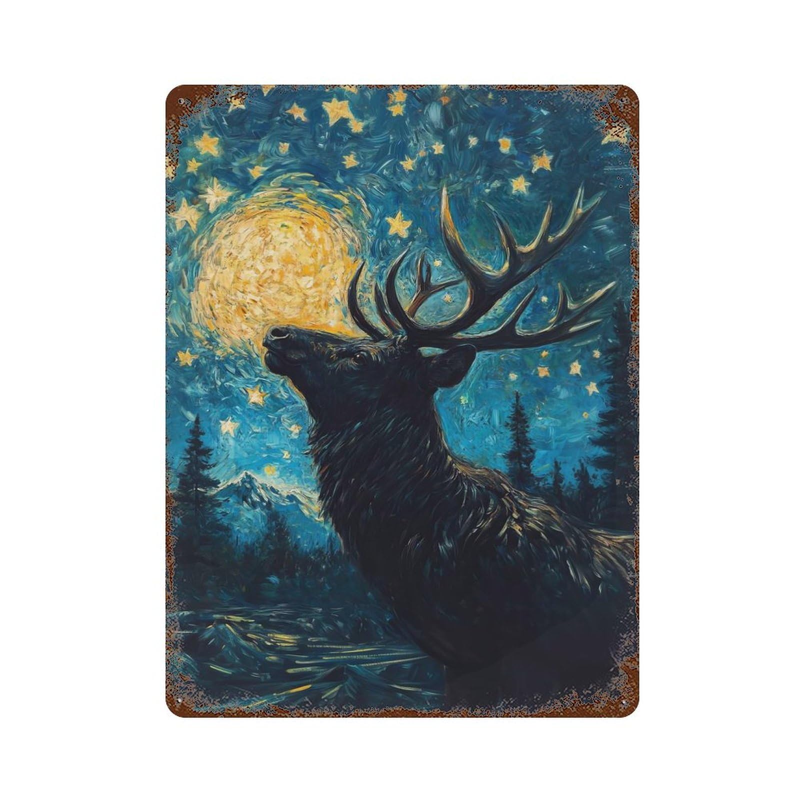 Starry Night Deer 15.7"x11.8" Retro Metal Sign, Vintage Wall Decor for Garage, Bar And Workshop Decor