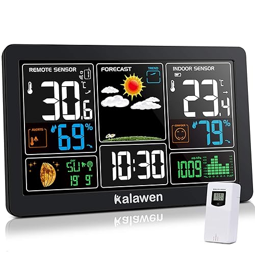 Kalawen Stazione Meteo Meterologica Digitale con Sensore Esterno Wireless Automatica con Schermo LCD Display Sveglia Orario Data Temperatura umidità Previsioni Meteo
