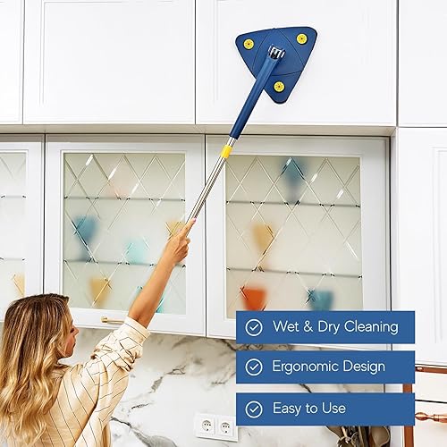 Miniatura 5 de Trapeador triangular con mango largo ajustable de 52 pulgadas, trapeador de limpieza multiusos giratorio de 360 y trapeador limpiador de pared,
