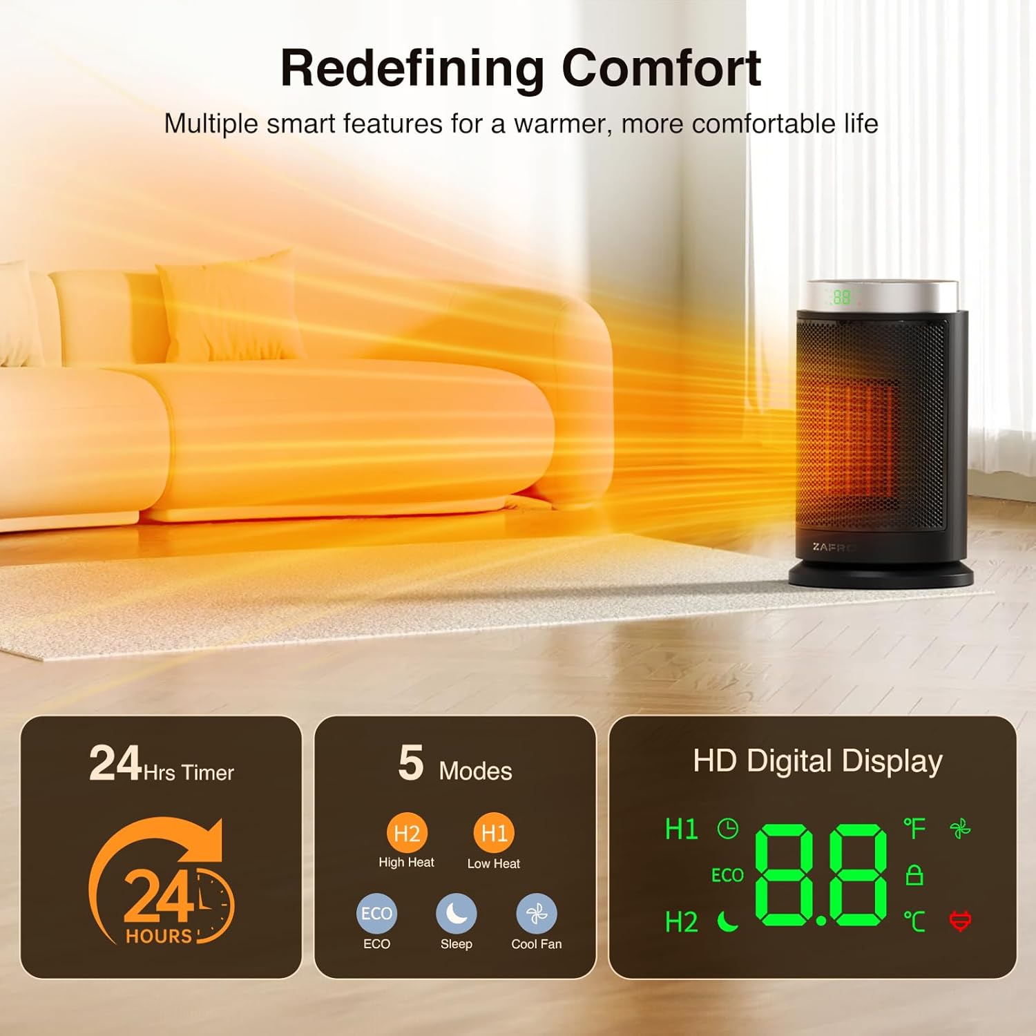 ZAFRO Space Heater, Ultra Quiet Portable Electric Heaters for Indoor Use with Thermostat, 1500W Large PTC Ceramic Fast & Wide-Angle Heat, Digital Display, 8 Safety, 5 Modes, 24H Timer for Office Home