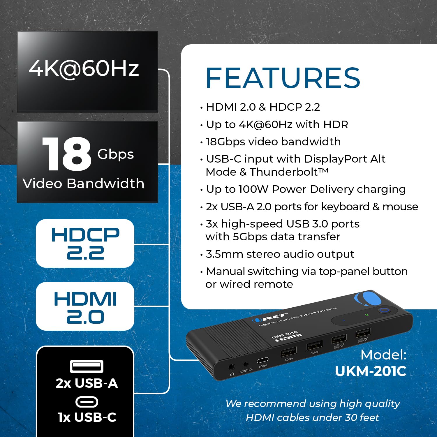 OREI 2x1 4K HDMI & USB-C KVM Switch, 4X Port USB-A, 1x USB-C Share Multiple Devices, Laptops, PC, on One Display Monitor, Keyboard Control, Peripheral Control, Analog Audio Out - Wired Remote Control