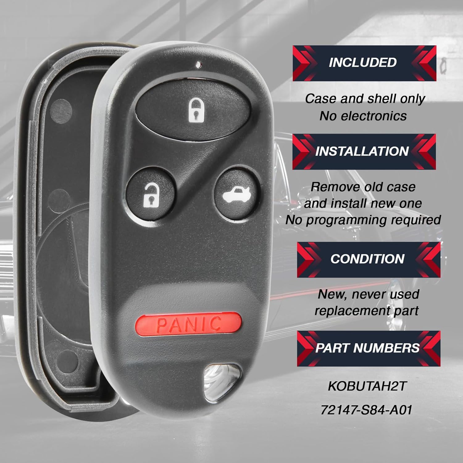 Key Fob Keyless Entry Remote Shell Case & Pad fits 1998-2002 Honda Accord / 1999-2003 Acura TL KOBUTAH2T