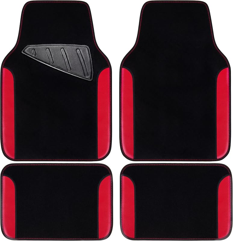 Rainbow Waterproof Universal Fit Faux Leather Car Carpet- Anti-Slip Nibbed Backing Floor Mats for SUV, Vans,Sedans,Trucks, Automotive Set of 4 for Women (Black with Red)