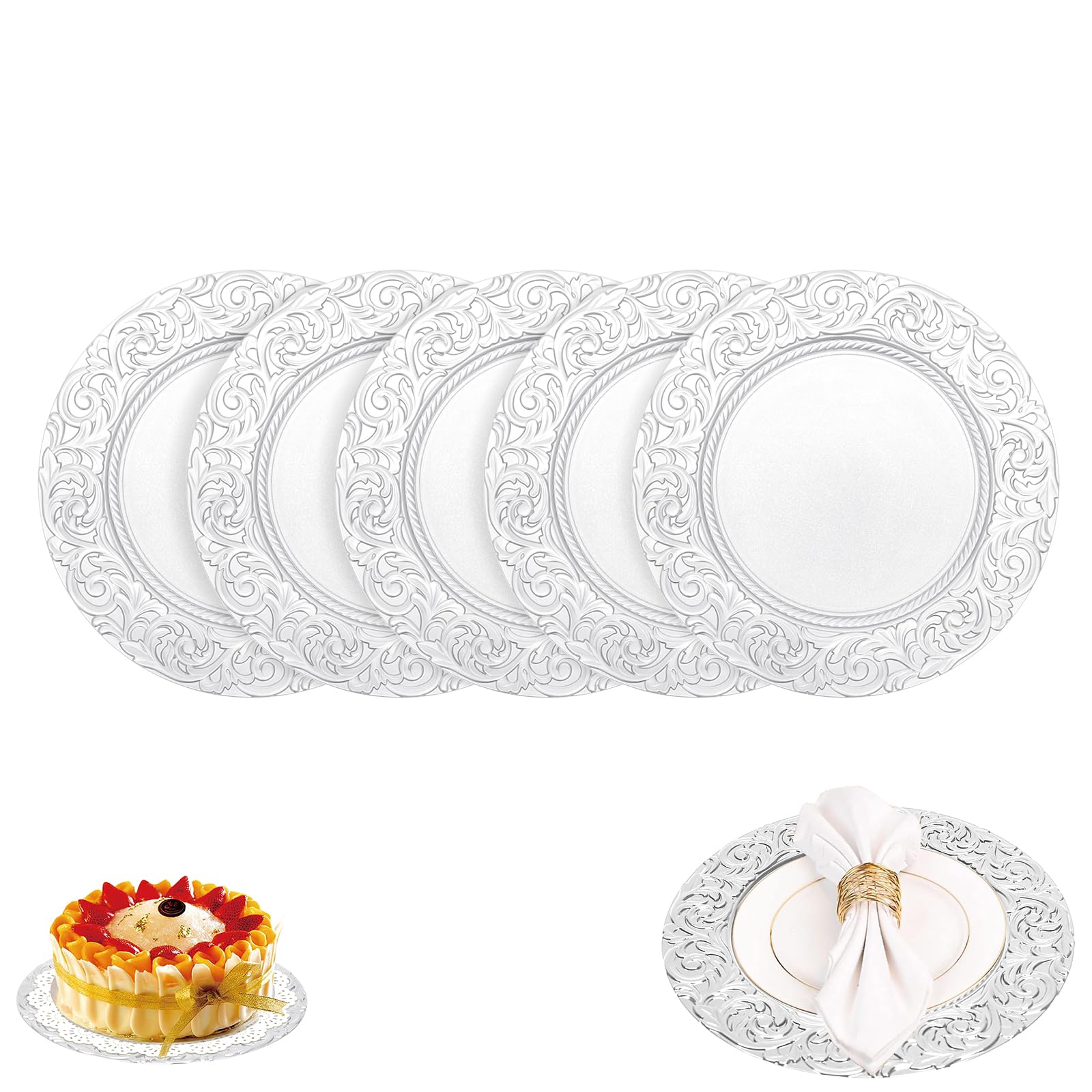 Akynjtbca ?100 Pcs Antique Charger Plates,13 Inch Embossed Rim Plastic Decorative Round Plates Set,Patterned Snack Trays Embossed Dinner Plate for Table Dinner Kitchen Party Decoration (Silver)