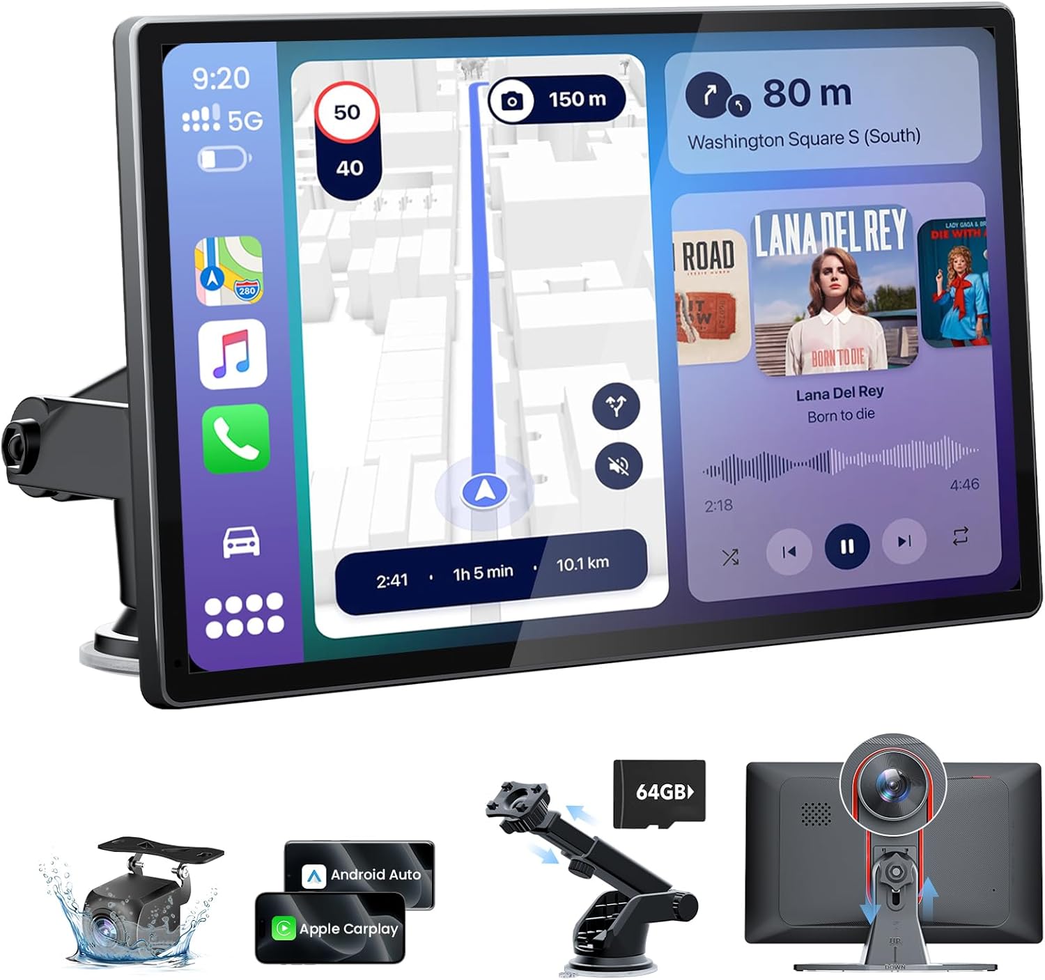 9.0” Wireless Carplay Screen for Car with 4K Dash Cam & 1080P Backup Camera, Touchscreen Car Stereo with Carplay & Android Auto, GPS Navigation, Mirror Link, Voice Control