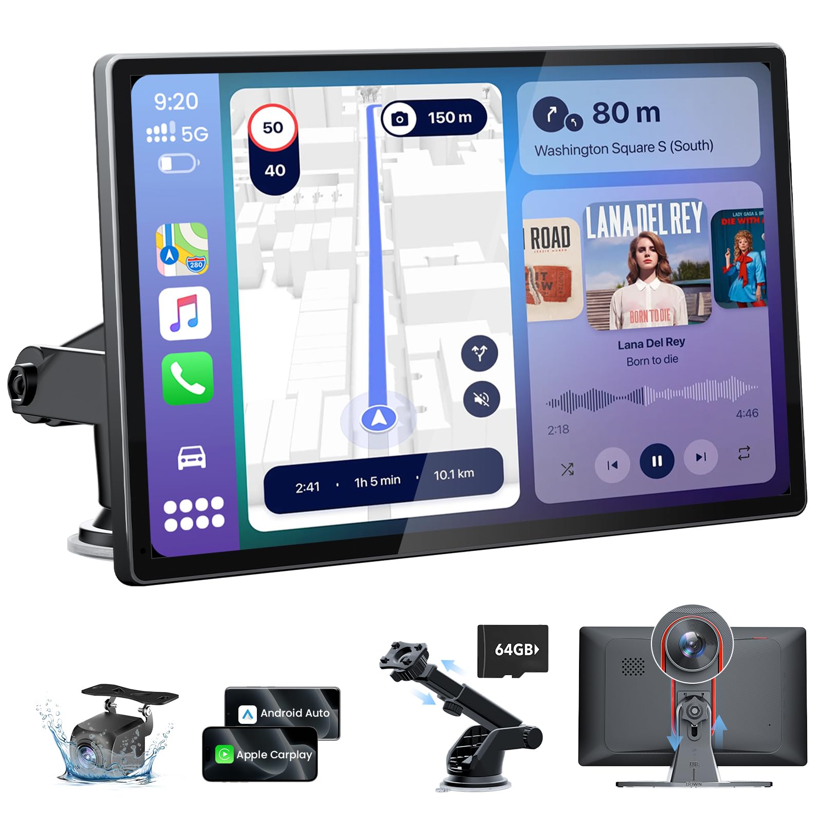 TECXERLLON 9.0'' Wireless Carplay Screen for Car with 4K Dash Cam & 1080P Backup Camera, Touchscreen Car Stereo with Carplay & Android Auto, GPS