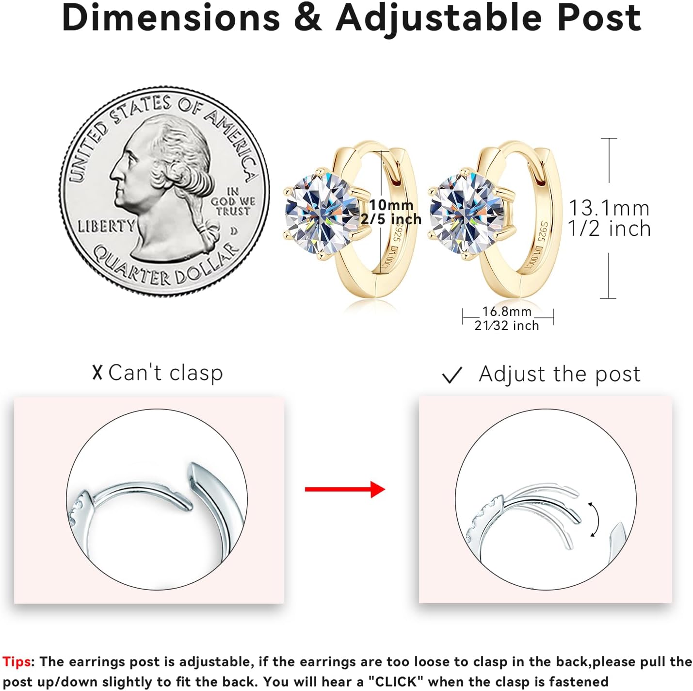 AINUOSHI Moissanite Hoop Huggie Earrings for Women, 925 Sterling Silver Gold Plated D-E Color Moissanite Lab Created Imitation Diamond, 2 Carat Per Pair - Image 4