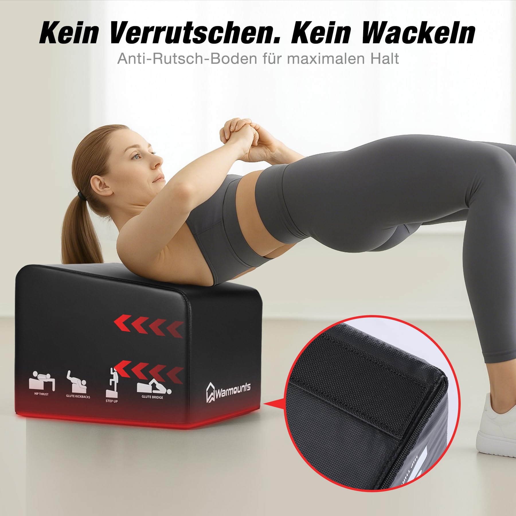 WARMOUNTS Hip Thrust Bench, Multifunktionales Hip Thrust Machine für Krafttraining, Gesäßbrückenbox mit Griff, Anti-Rutsch-Pad und glattem Rand-Design, für Zuhause und Fitnessstudio