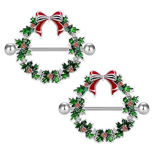 VERAMI 14G Stainless Steel Christmas Wreath Nipple Rings Christmas Jingling Bell Nipple Barbell Rings Body Piercing for Women - Christmas Wreath