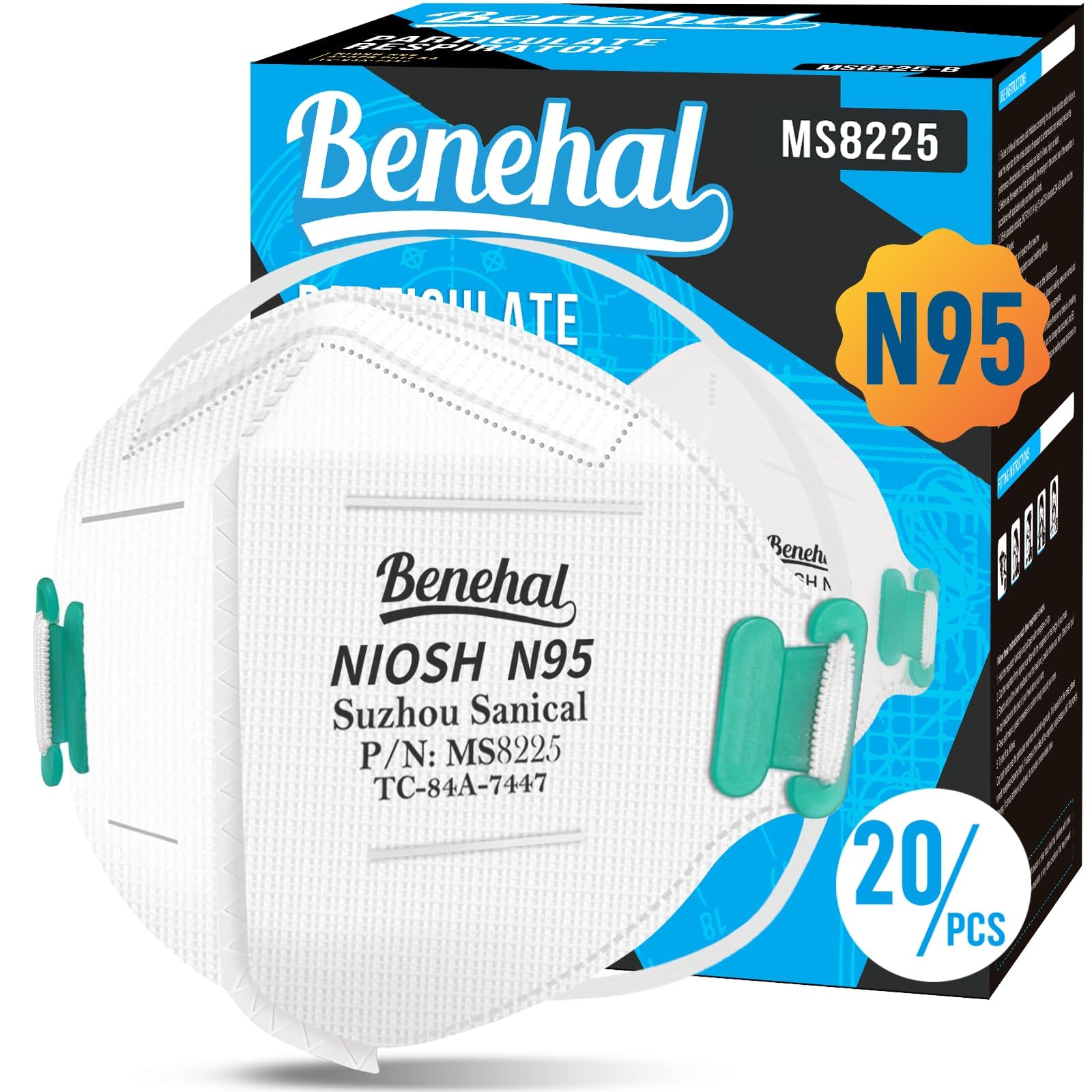 NIOSH Approved N95 Mask Particulate Respirators, Pack of 20 N95 Face Masks, Individually Wrapped, Universal Fit