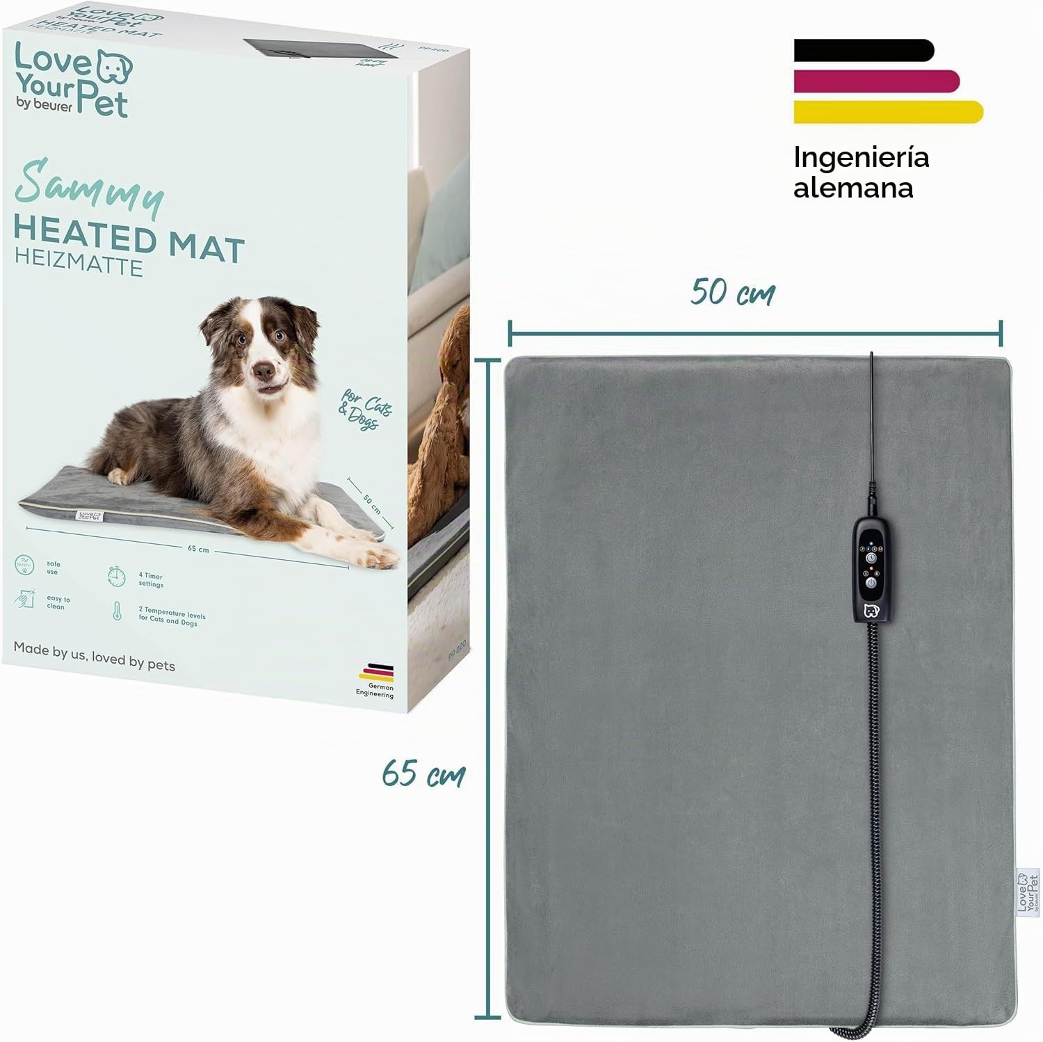 Beurer Love Your Pet Colchoneta térmica Talla L «Sammy» de para Perros y Gatos, con Temporizador, Grande, Almohadilla eléctrica XXL Lavable a 30 °C, Resistente a los arañazos y el Agua, 65 × 50 cm