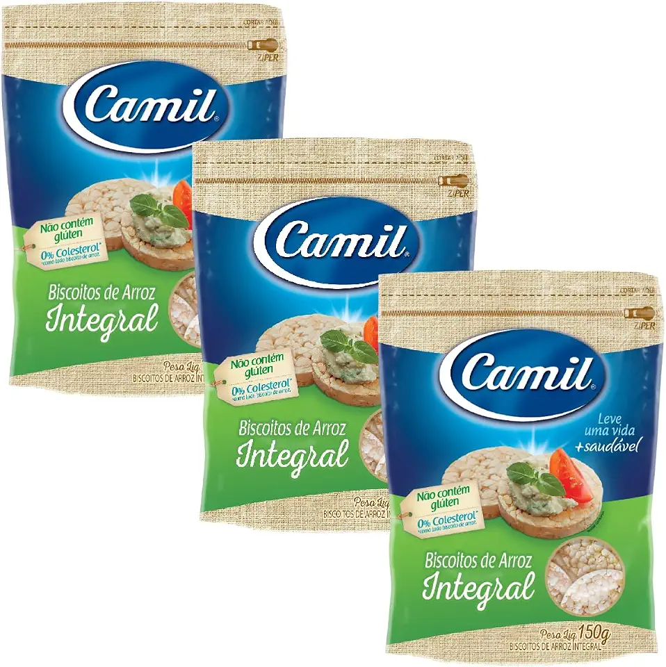 Biscoito De Arroz integral Bolacha Crocante Camil Kit 3 Pacotes 450g