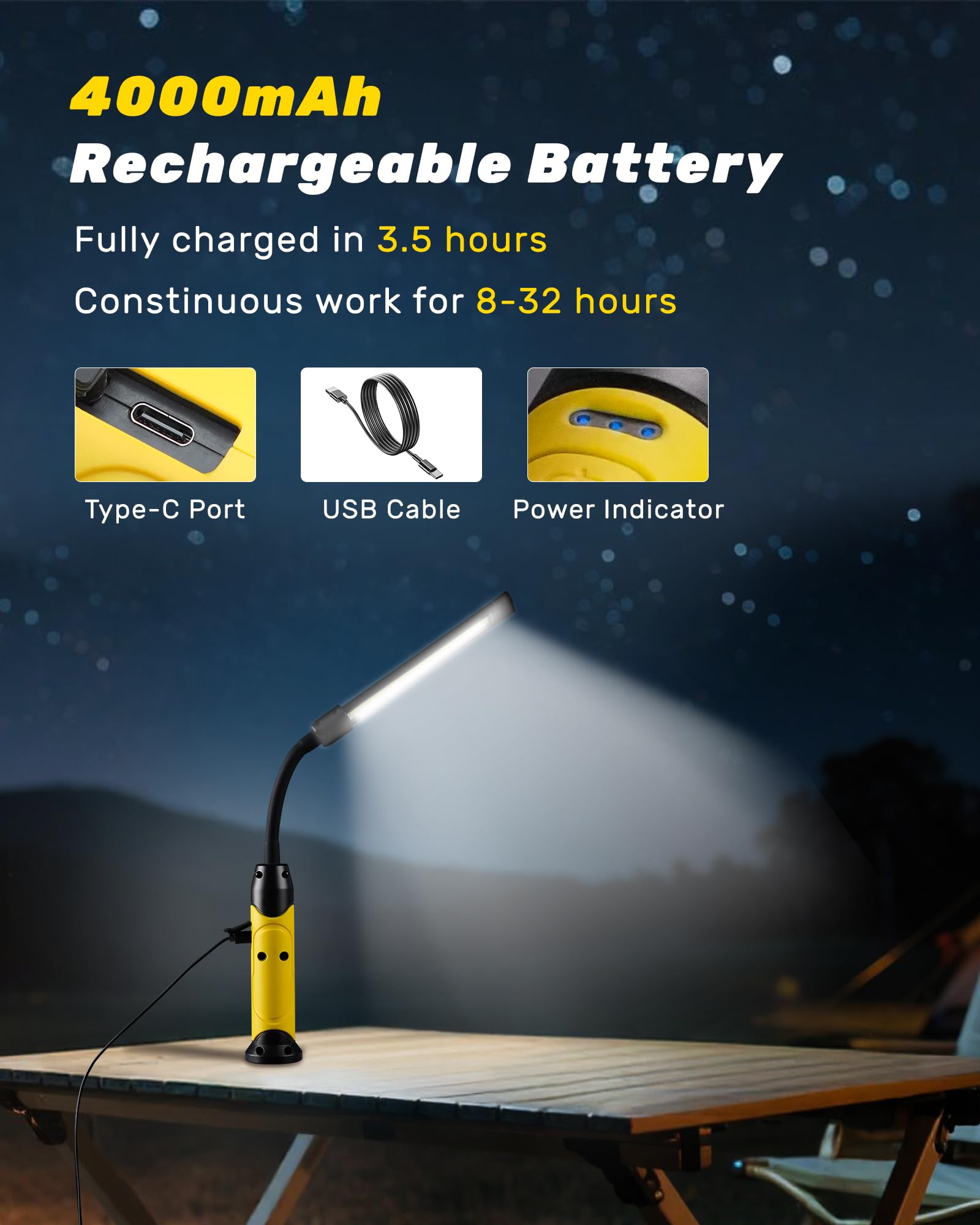 Lampada da lavoro a LED da officina, 1000 lm, con magneti, collo di cigno flessibile a 360°, lampada da ispezione per auto, riparazione officina, campeggio, emergenza