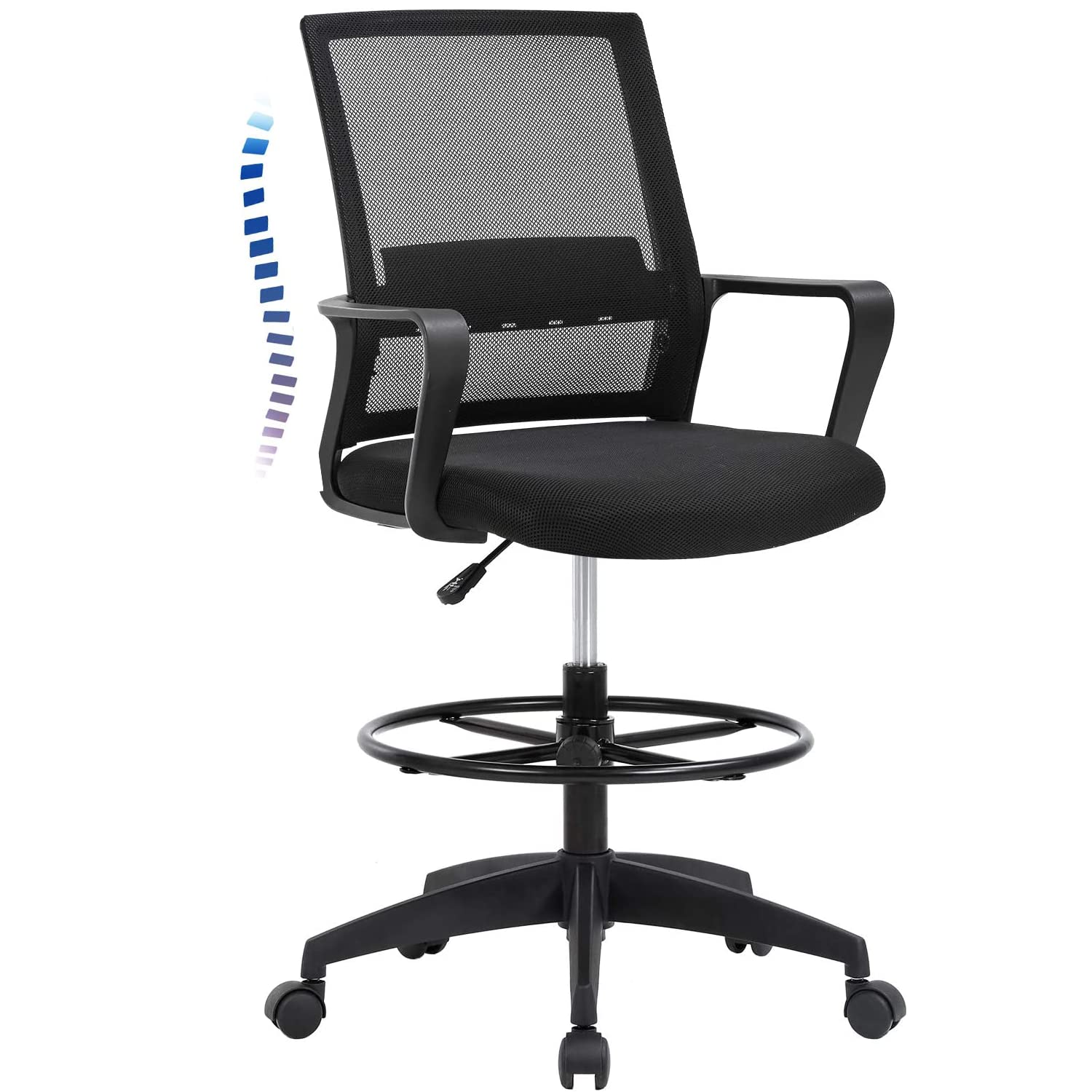 Drafting Chair Tall Office Chair Standing Desk Chair Swivel Rolling Mesh Mid Back Computer Chair with Ergomomic Lumbar