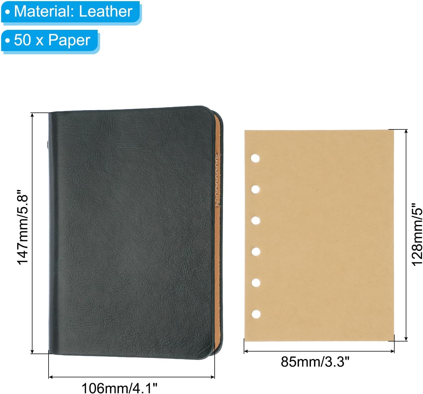 PATIKIL 6 Ring Binder Cover, 1 Pack A7 Kraft Leather Notebook Binder Mini Refillable Loose Leaf Personal Planner with 50 Sheets Paper, Dark Green - Image 2