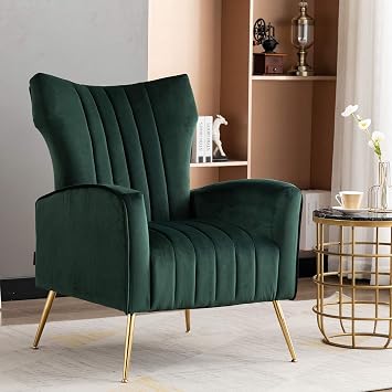 Curved Tufted Accent Chair with Metal Gold Legs Velvet Upholstered Arm Club Leisure Modern Chair for Living Room Bedroom Patio, Green