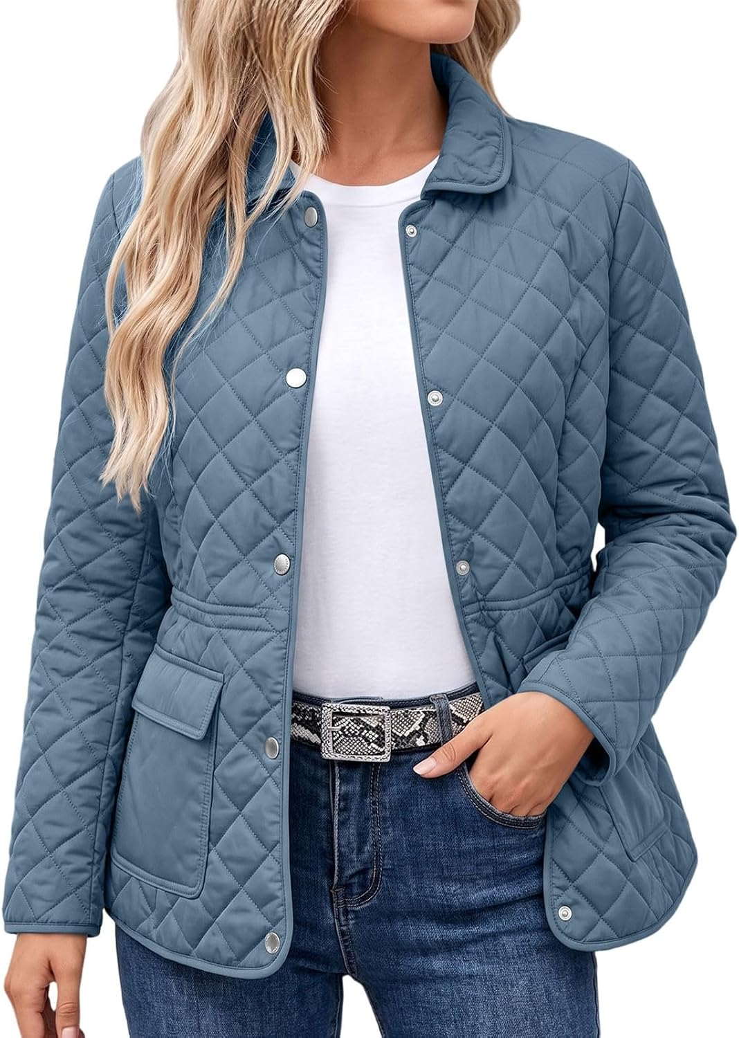 Women's Quilted Jacket Collared Snap Front Chic Short Padded Coat