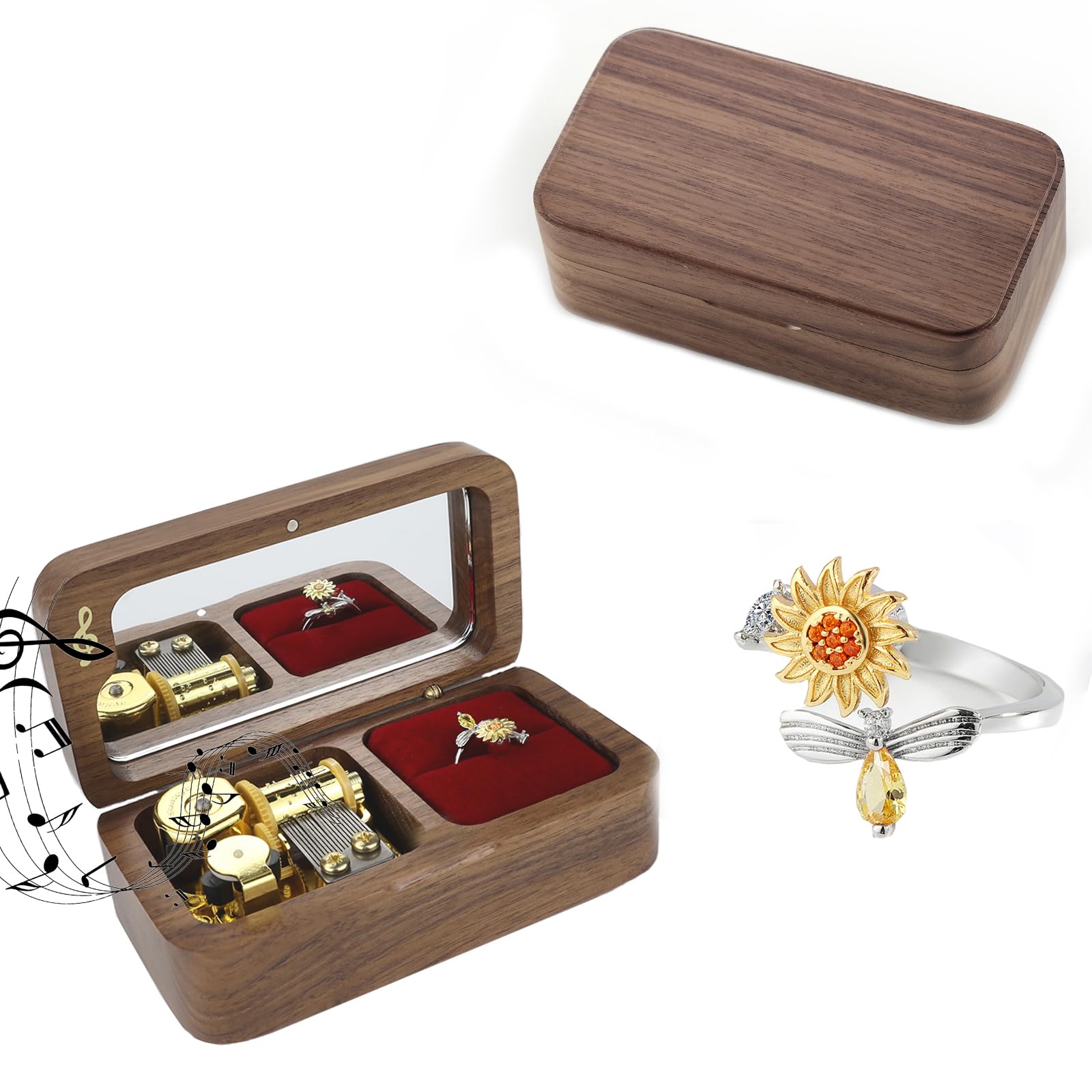 JYmusicYou are my sunshine music box with sunflower ring for cheerful mood, gift for female friend mother daughter wife sister (Walnut; Tune: You Are My Sunshine)