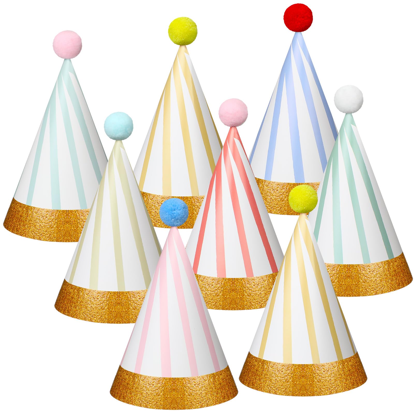 40 Pcs Birthday Party Hats Adult Pastel Cone Hats Bulk Pom Pom Lovely Stripe Headwear with Elastic String and Glue for Party Anniversary Jamboree Photo Props Decorations