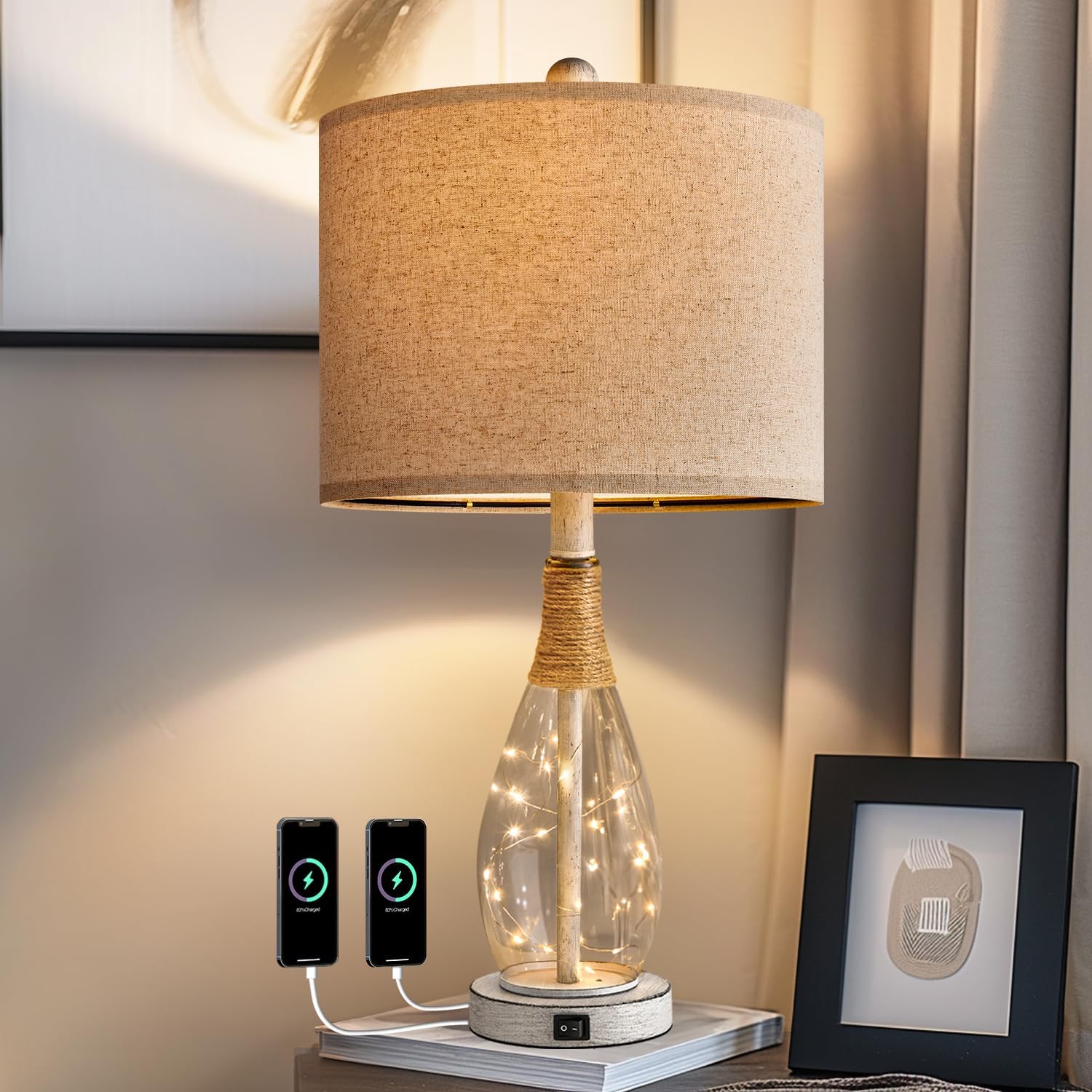 OYEARS 23" USB A+C Table Lamp for Bedroom Living Room Modern Bedside ...