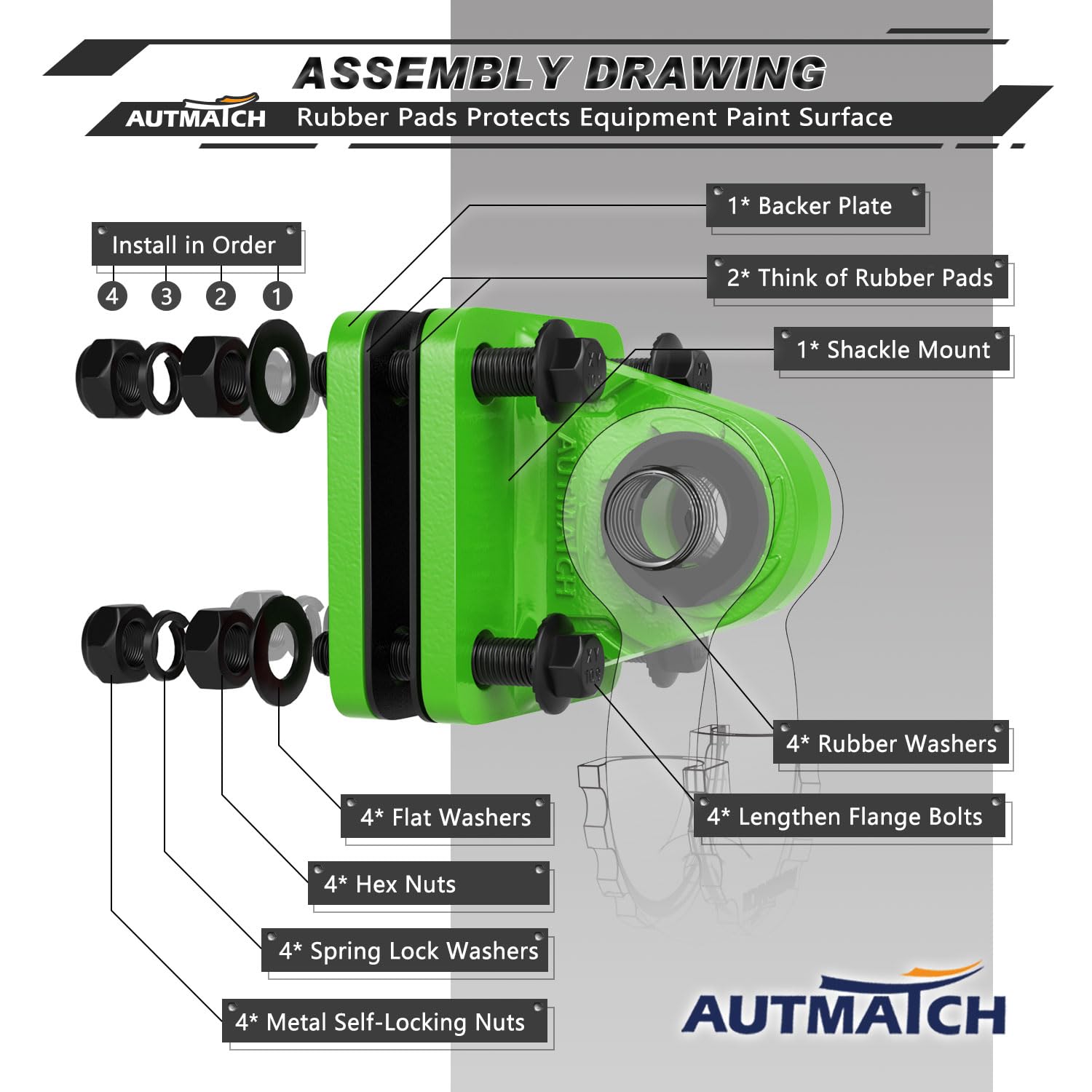 AUTMATCH Supporto ad Anello a D con Piastra di Supporto (2 Pezzi) – Staffa con bullone su Forcella per paraurti, Max 24 T (24 kg) per paraurti, Secchio Trattore, Camion, rimorchio, Verde