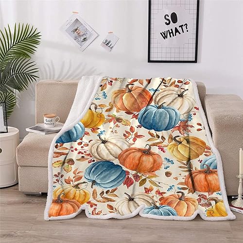 Miniatura 2 de Manta de calabazas de otoño, naranja, blanco, azul, calabazas, hojas y bayas, suave y cálida manta de forro polar para sala de estar, sofá, cama,