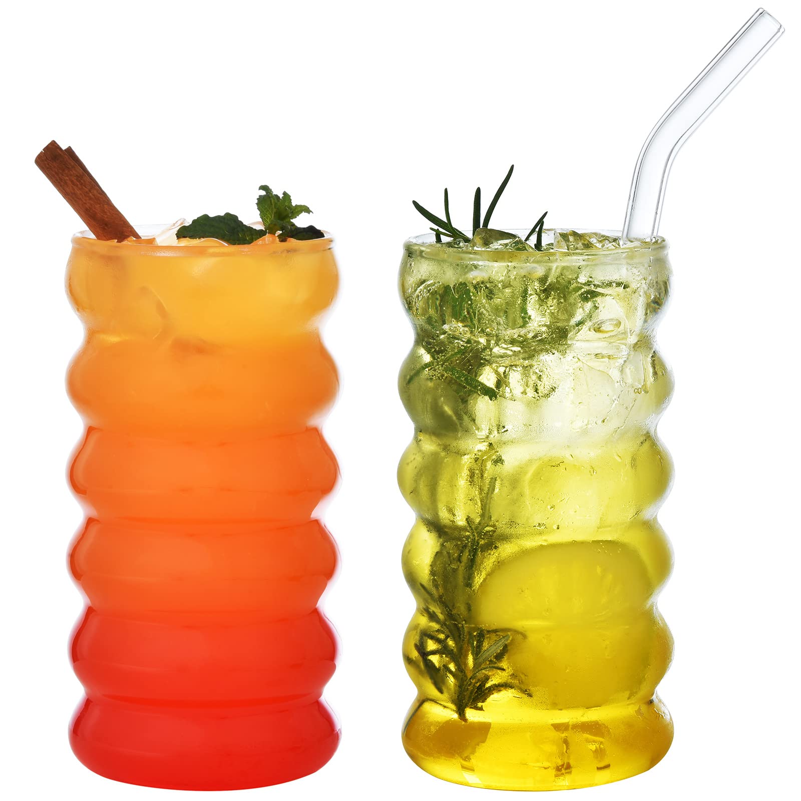 ALINK Set di 4 bicchieri di vetro a coste con cannucce, 473,6 ml, bicchieri da caffè ghiacciato, bicchieri da birra ondulati, bicchieri da birra per coctail, latte, soda, regalo con pennello