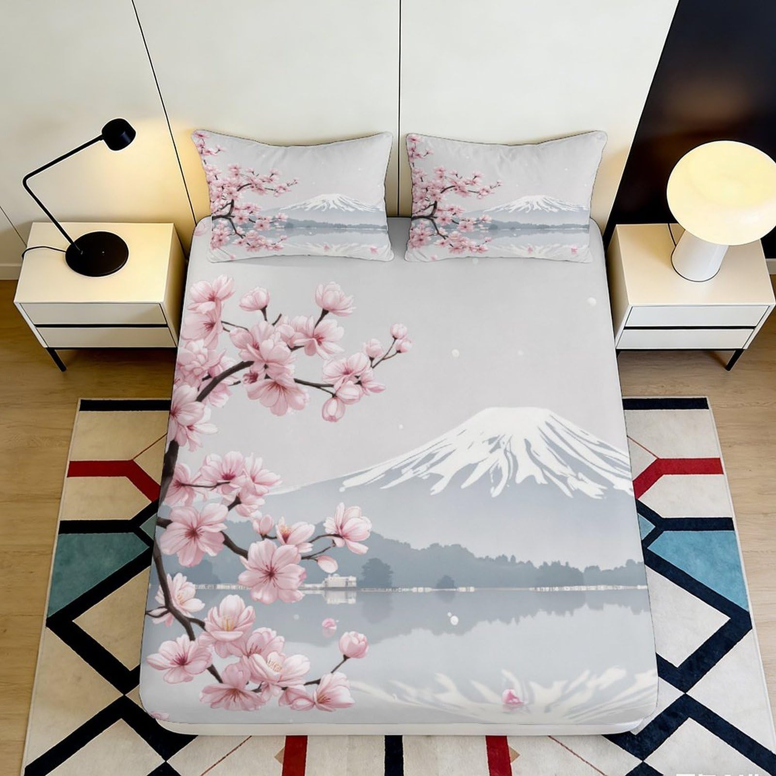 3D Printed Sakura Blossom Fitted Sheet Microfiber Soft Breathable Mount Fuji Mattress Cover for Bedroom Dorm Decor 90x200x25cm