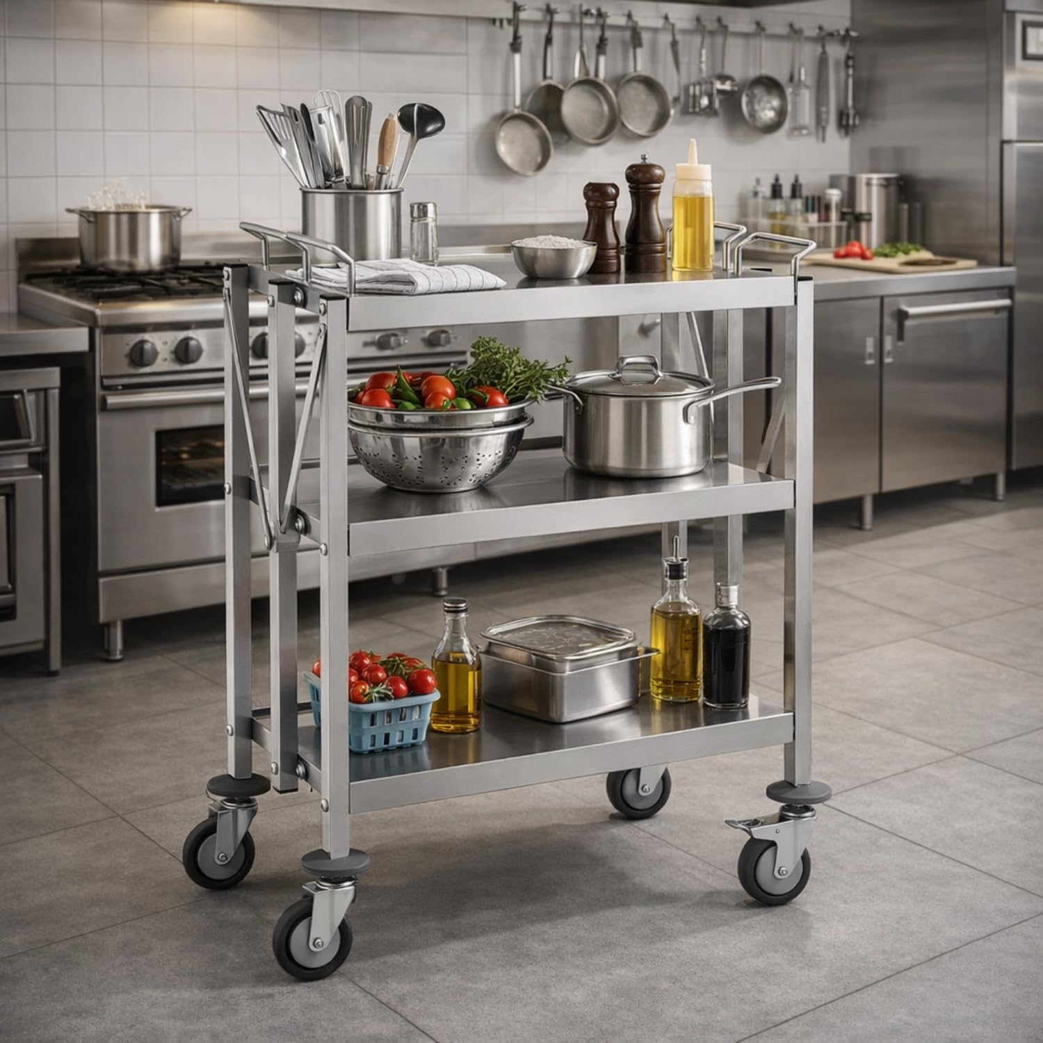 Carrello di servizio pieghevole in acciaio inox, 3 vassoi, 650 × 400 mm, capacità massima 150 kg, ruote 130 mm, con freni per restauro, hotel, comunità (modello compatto – 63 x 40 cm)