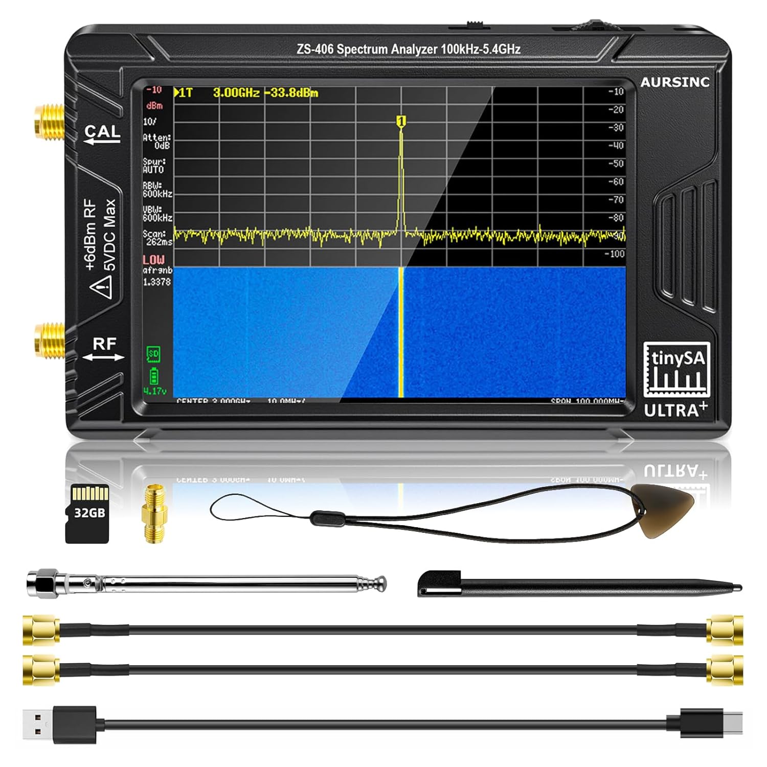 AURSINC TinySA Ultra+ ZS406 Spectrum Analyzer, 4.0 Inch 100kHz-5.4GHz Handheld Frequency Analyzer with 32Gb Card, HW V0.4.6, 2-in-1 Signal Generator MF/HF/VHF UHF Input, 2025 Upgraded