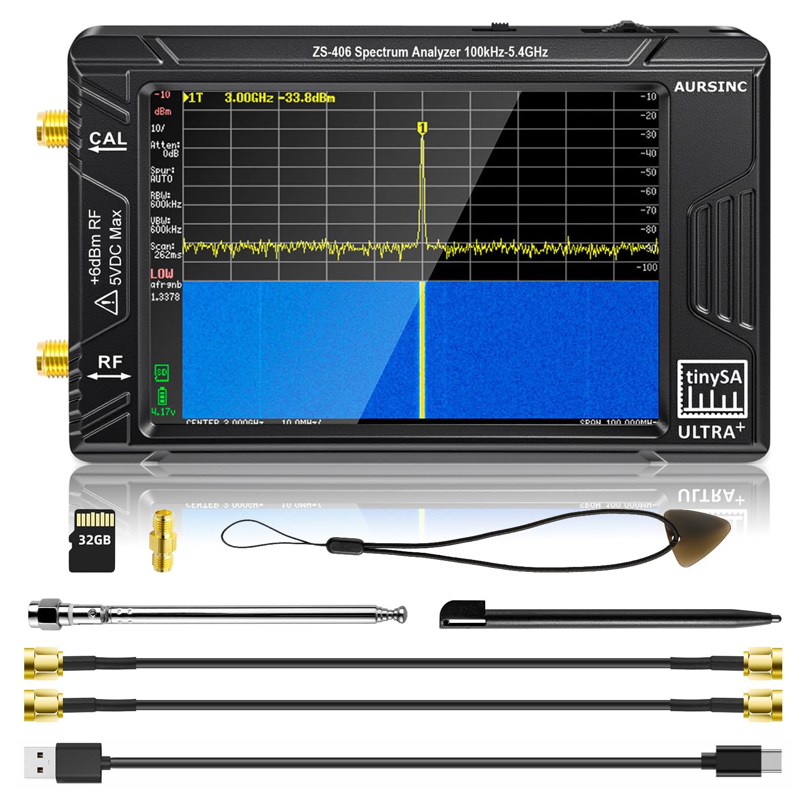 AURSINC TinySA Ultra+ ZS406 Spectrum Analyzer, 4.0 Inch 100kHz-5.4GHz Handheld Frequency Analyzer with 32Gb Card, HW V0.4.6, 2-in-1 Signal Generator MF/HF/VHF UHF Input, 2025 Upgraded