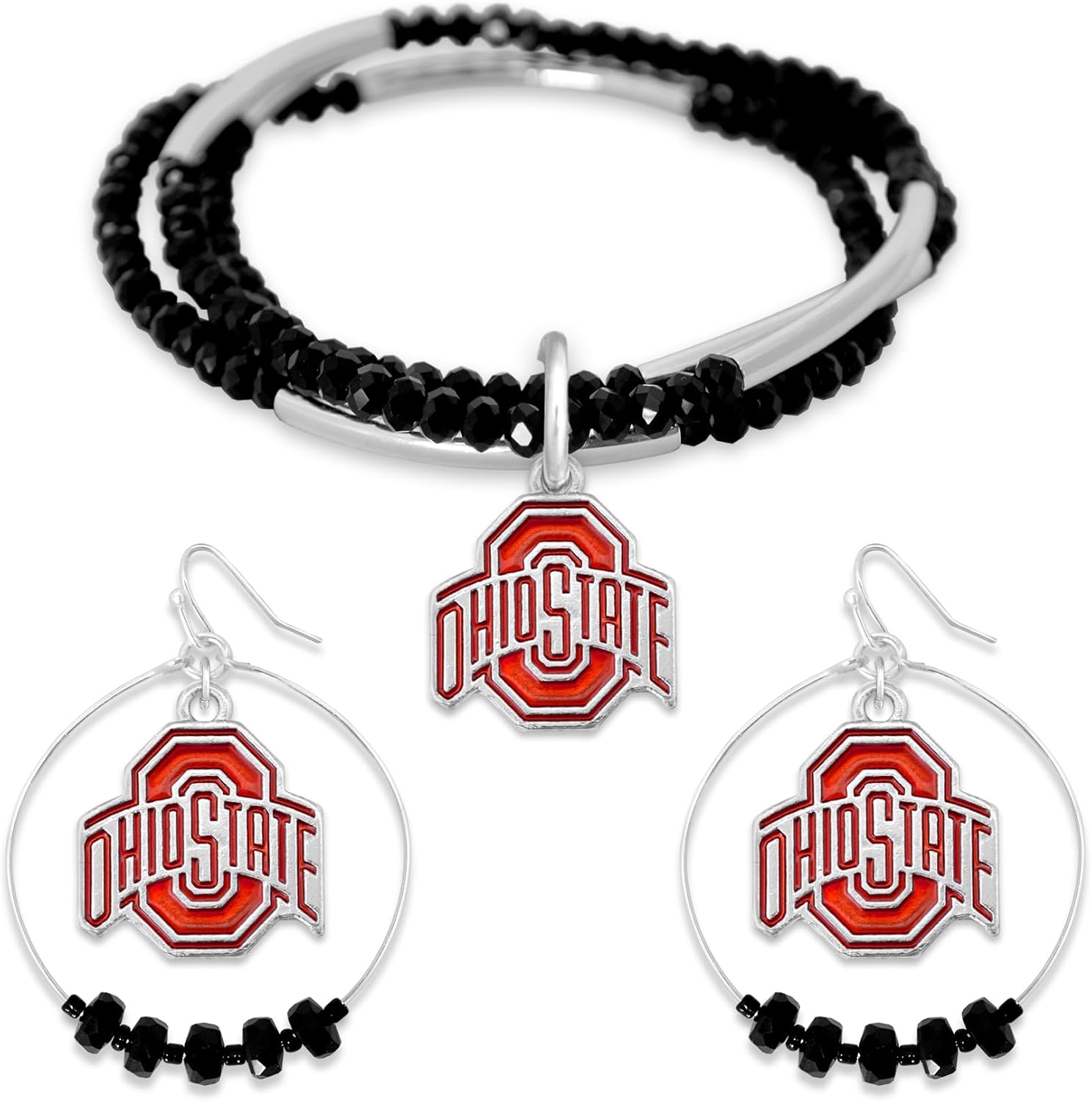 Jewelry Set – Silver Tone Bracelet & Hoop Earrings – Iridescent Team Logo Charms – NCAA Licensed Jewelry Gift Set for Women & Fans – Lightweight & Stylish