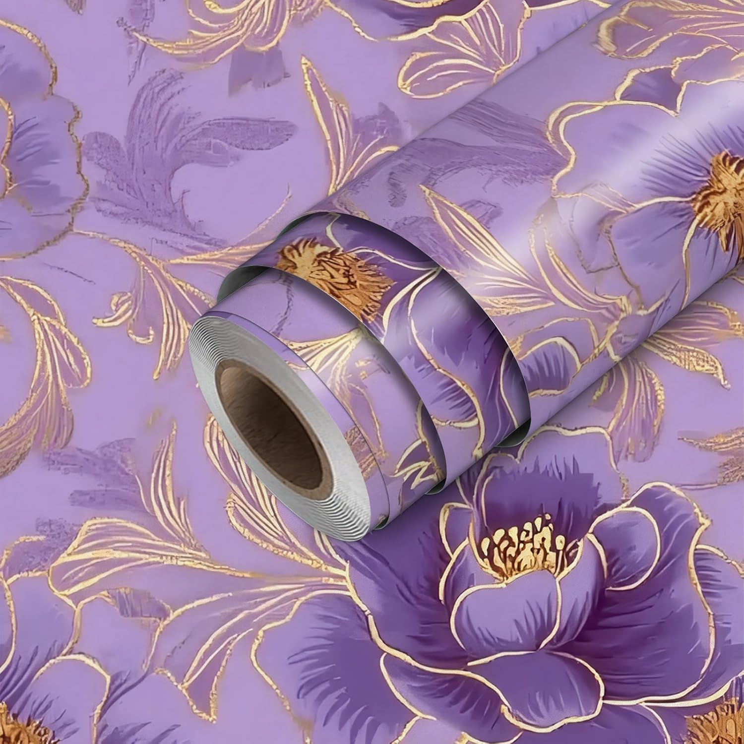 HOMETITUTE Purple Floral Wallpaper Peel and Stick Gold Line Flower Contact Paper Wall Paper Stick 17.7" x 118.1" Self Adhesive Vinyl Wall Covering for Bedroom Vanity Accent Decor