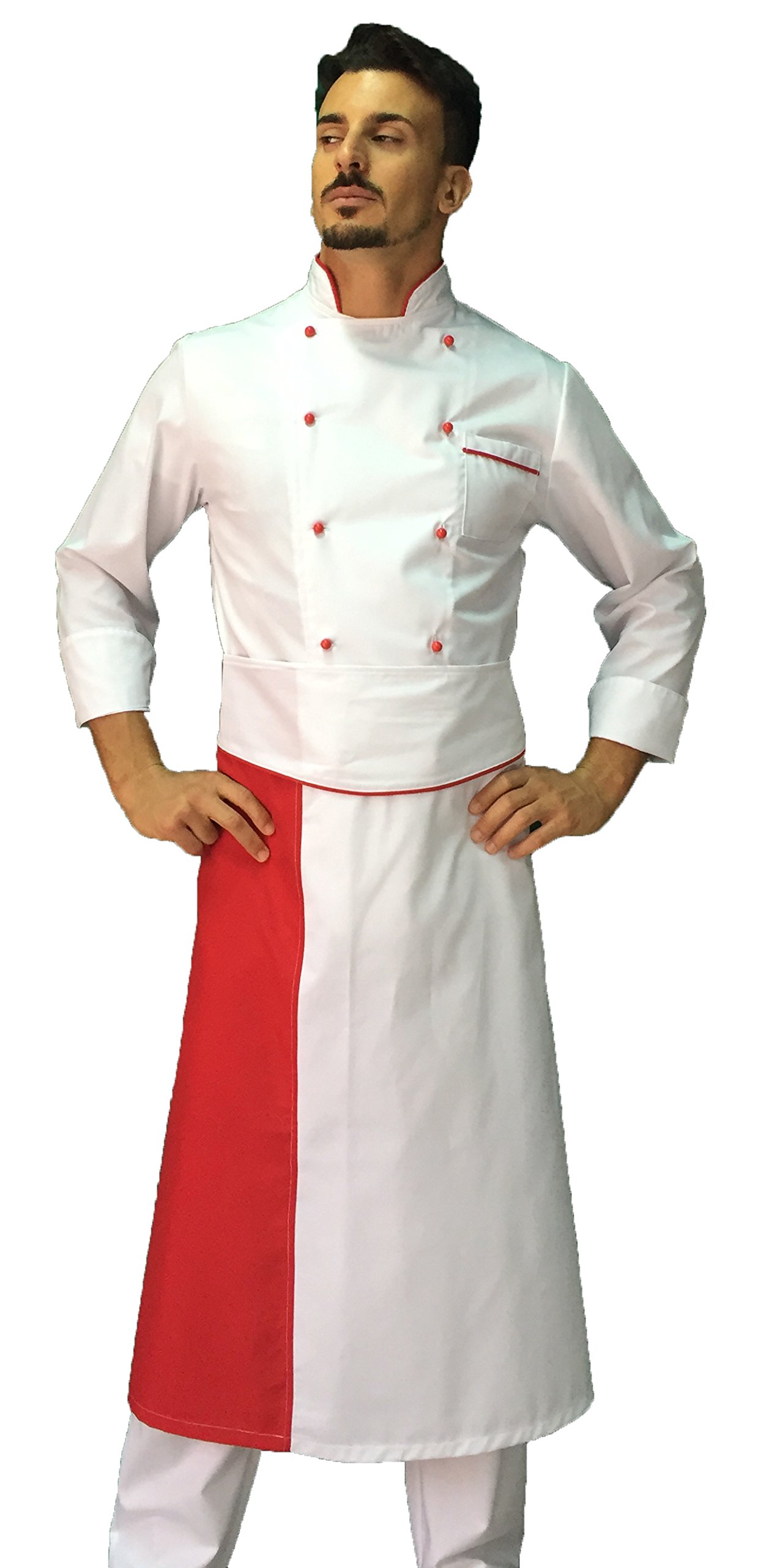 tessile astorino Ricamo Gratuito - Conjunto de cocina - Divisa Chef blanca y roja - Chaqueta, pantalón y delantal - Made in Italy, Color blanco., L