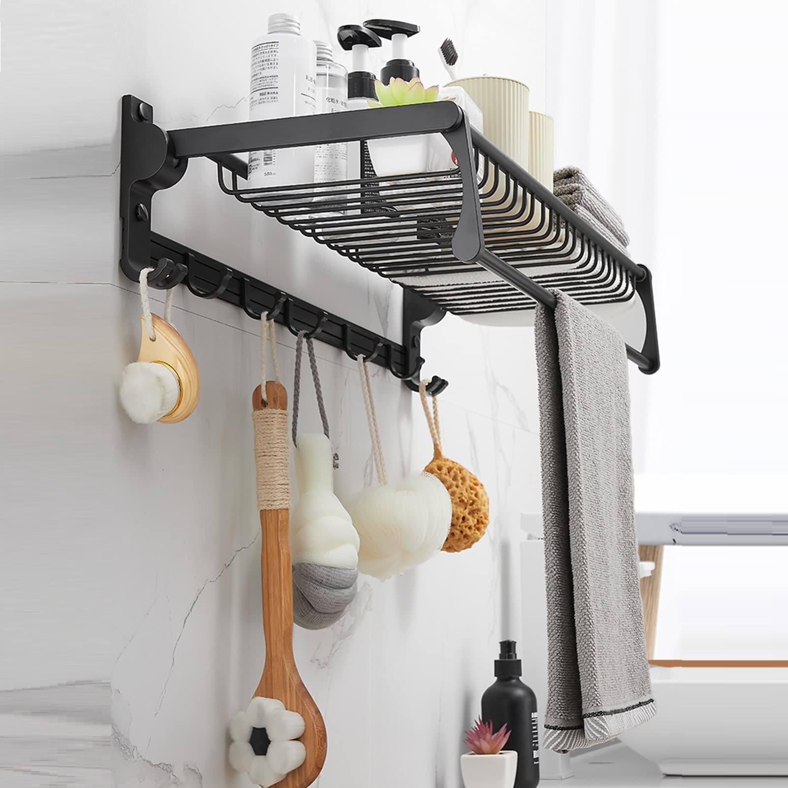 NEECS Porte-Serviettes avec Crochet Porte-Serviettes Auto-adhésif Noir sans perçage Support Mural Espace Pliable en Aluminium pour Salle de Bain et Cuisine, 50 cm (Taille : 40 cm)