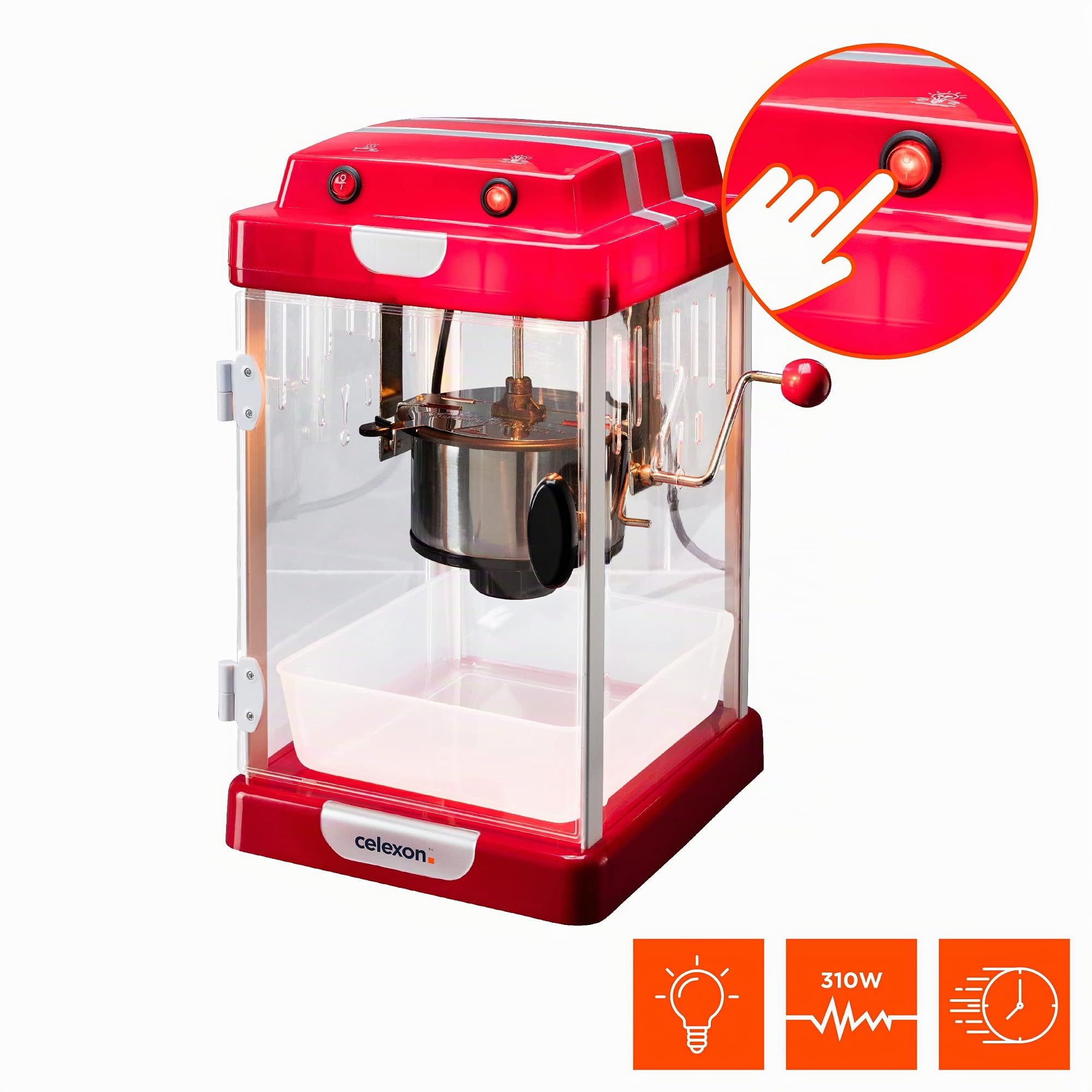celexon CinePop CP1000 Machine à Popcorn Rétro style cinéma | cuve en acier inoxydable & bras mélangeur | avec huile, beurre, sucre, sel, sirop, etc.