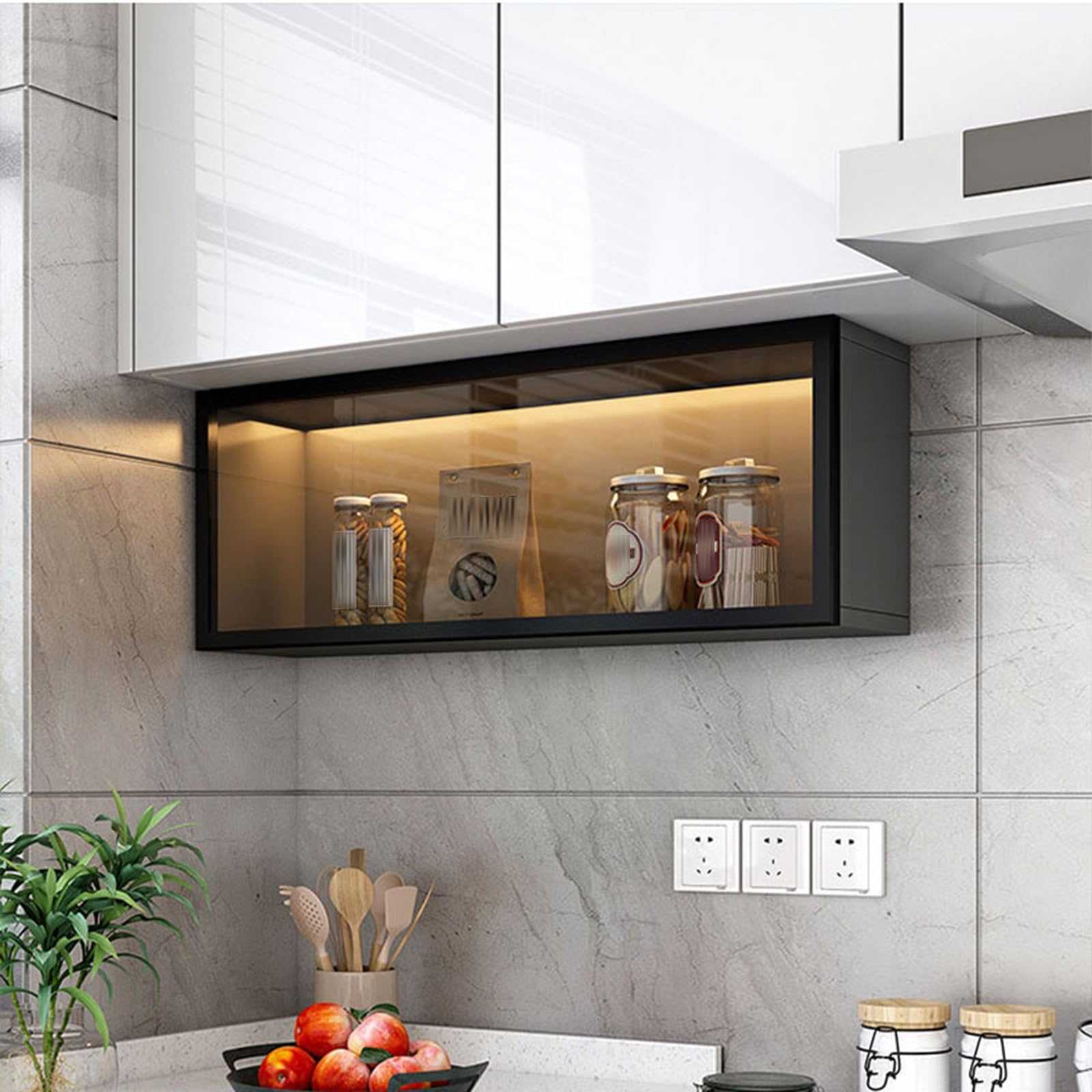 Moderner Küchenwandschrank mit Doppeltür und Glasfront, dekorativer Wandmontage-Aufbewahrungsschrank für Küche, Esszimmer und Speisekammer(Nero,80cm)