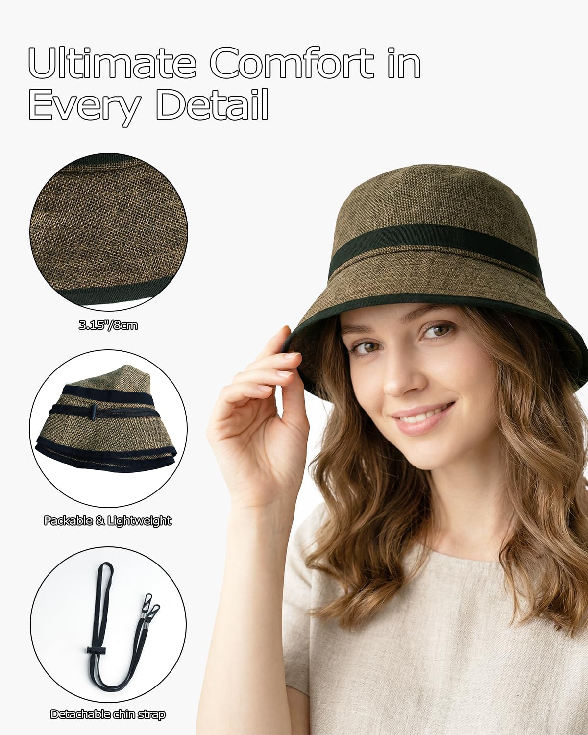 Feng Shui， Chapeaux Seau L/XL/XXL pour Grosses têtes, Chapeaux de Soleil d'été en Faux Lin, Chapeaux de pêche de Voyage de Protection Solaire