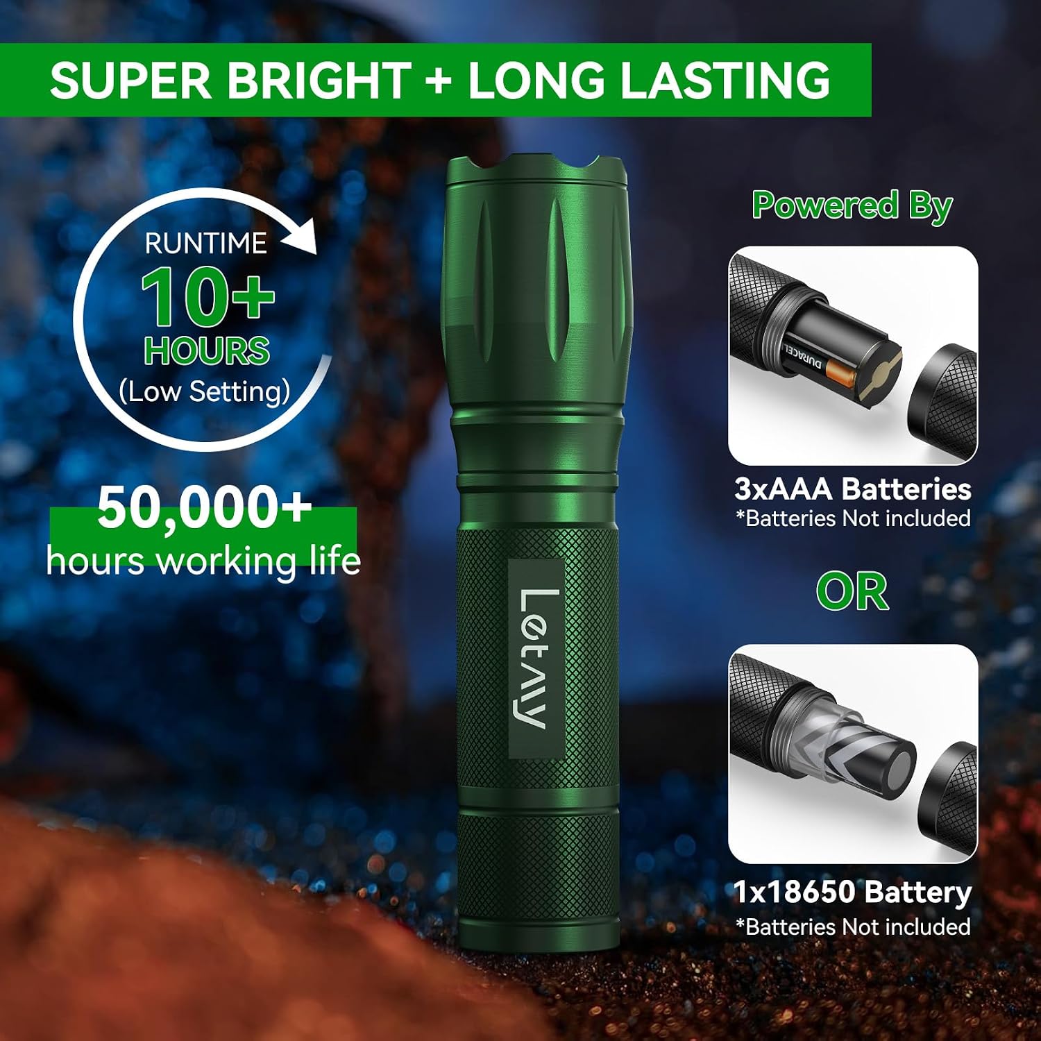 LETMY Tactical Flashlight - 2 Pack Bright Military Grade LED Flashlights High Lumens - Portable Handheld Flash Light, 5 Modes Zoomable Waterproof Flashlights for Home Emergency Camping- Green image 3