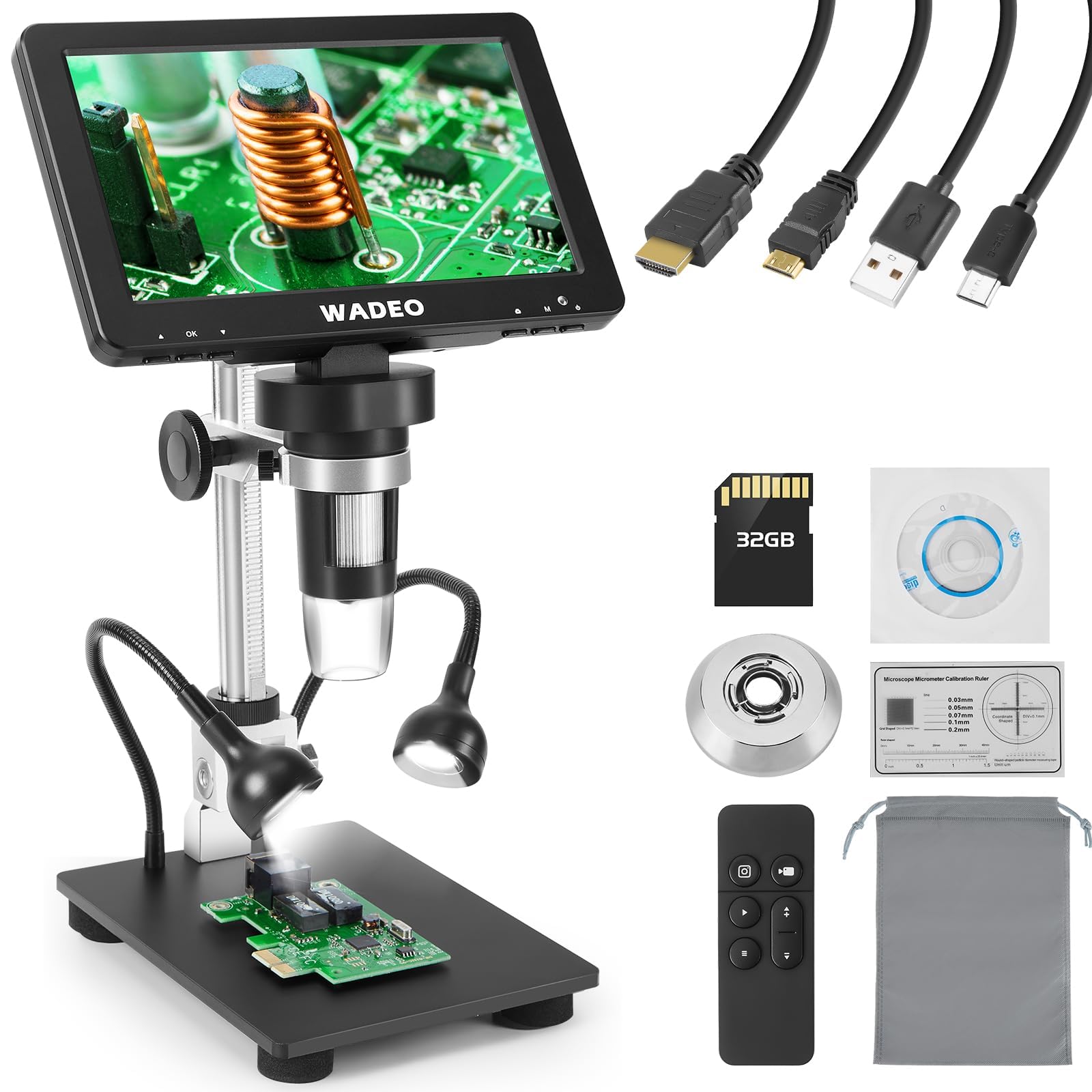 WADEO Microscopio Digitale Professionale, [7" Schermo LED] [1200X] Microscopio per Saldatura con 2 Lampade Regolabili, Scheda 32GB, Uscita HDMI per TV, PC, Windows, Mac (7" - 1200X - HDMI + USB)
