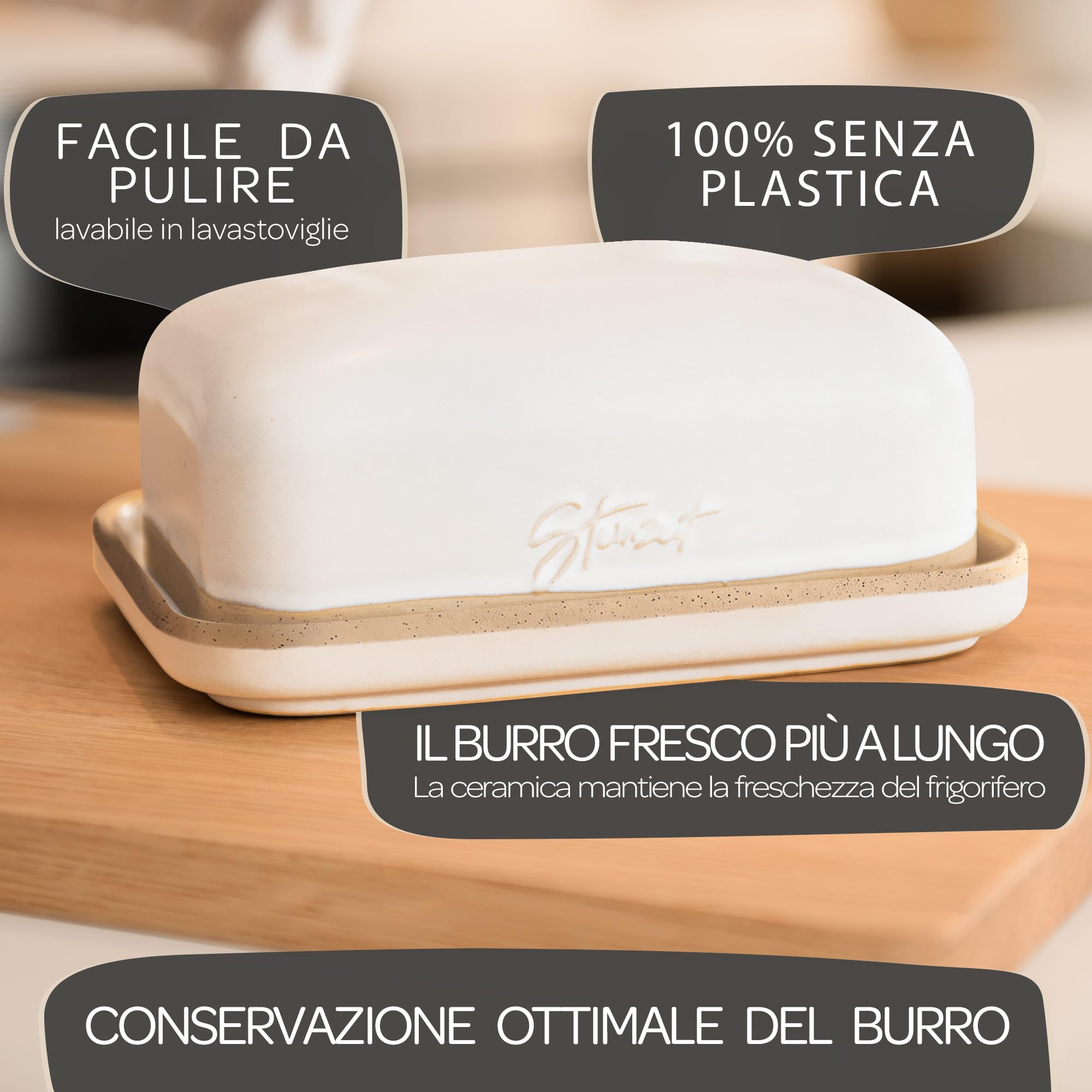 Steinzeit Burriera Design - Porta burro da frigorifero - burriera in ceramica per tutti i tipi di burro comuni (250 g) - Piatto per burro adatto alla lavastoviglie - portaburro da frigo